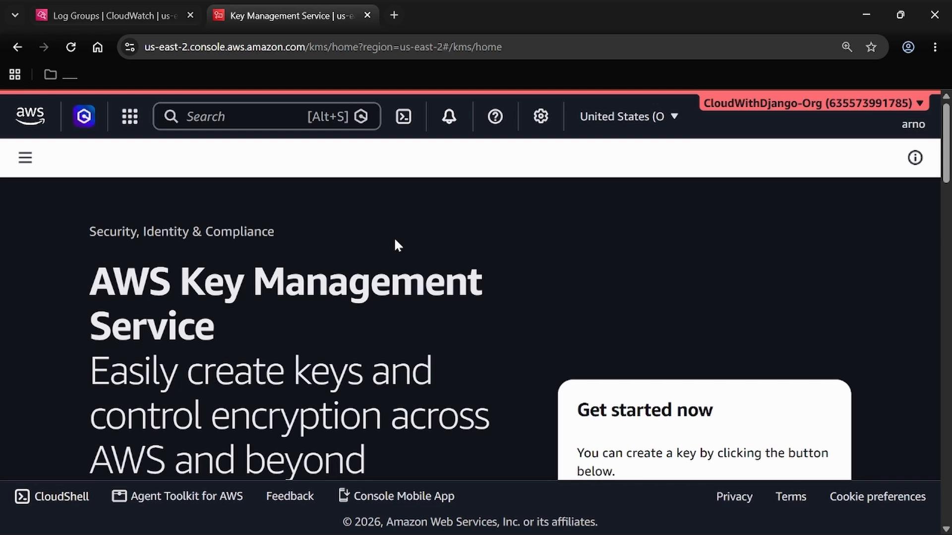 A screenshot of the AWS Key Management Service web console, showing the page header and large text reading "AWS Key Management Service." The page includes navigation elements and a "Get started now" panel on a dark background.