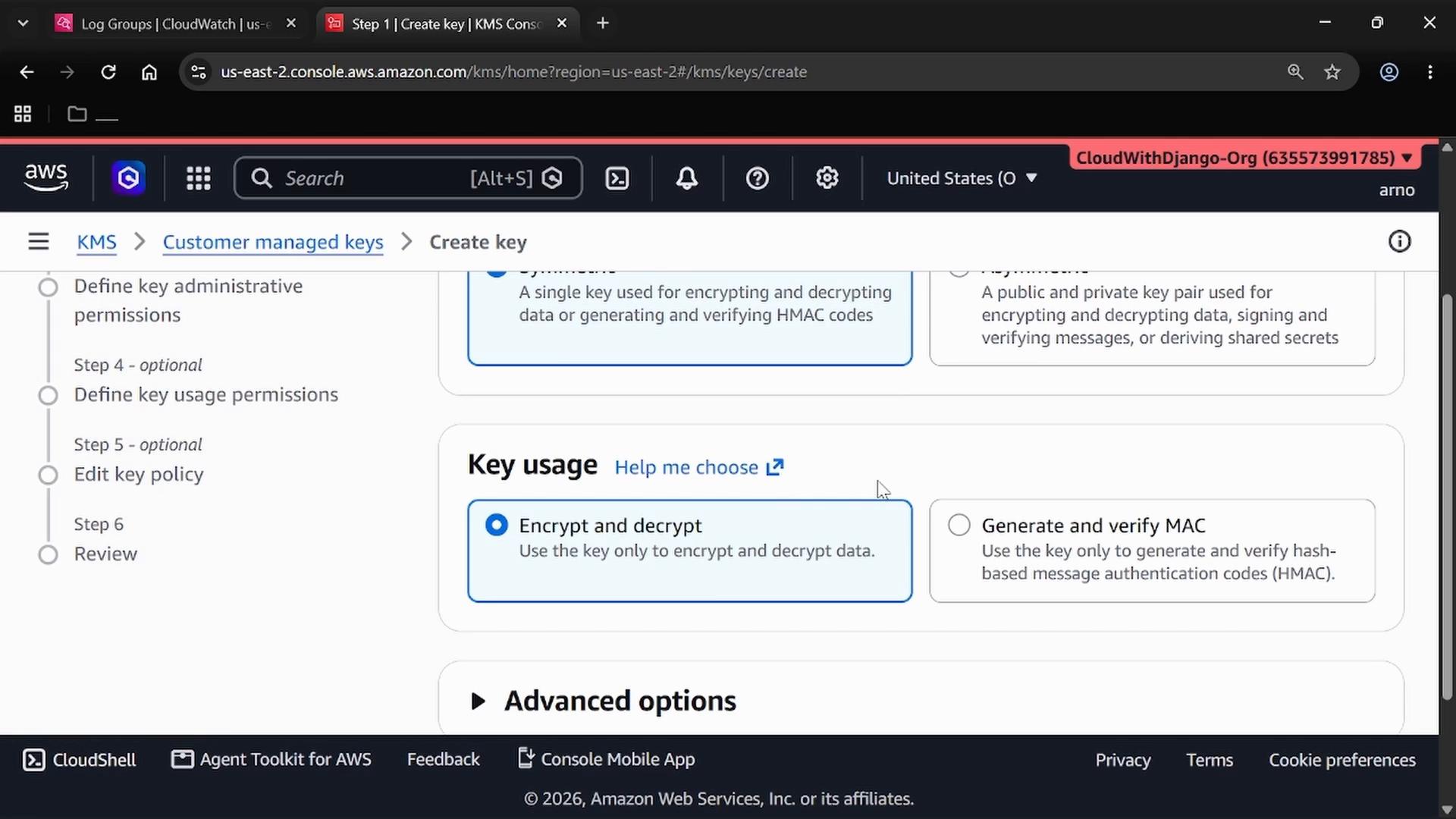 Screenshot of the AWS KMS "Create key" console showing the Key usage section with "Encrypt and decrypt" selected. The left stepper lists creation steps like defining administrative and usage permissions and editing the key policy.