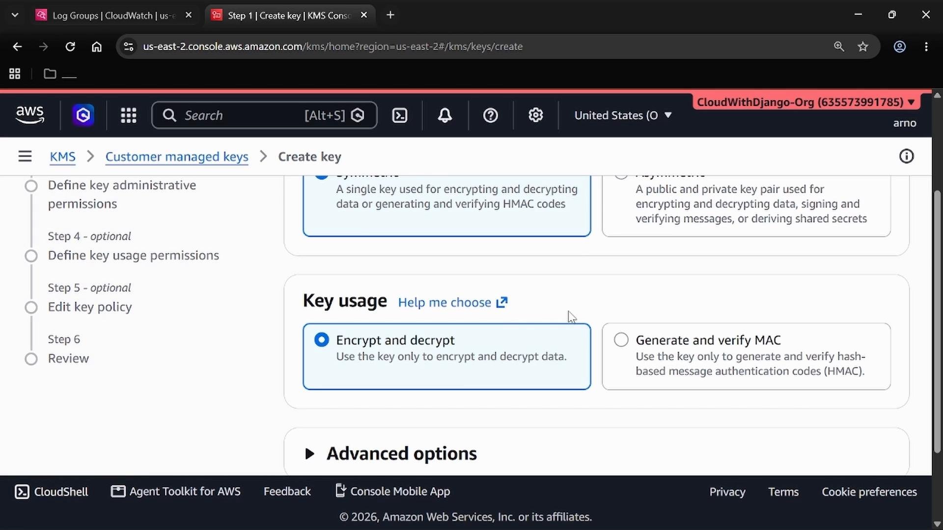 Screenshot of the AWS KMS "Create key" console showing the Key usage section with "Encrypt and decrypt" selected. The left stepper lists creation steps like defining administrative and usage permissions and editing the key policy.
