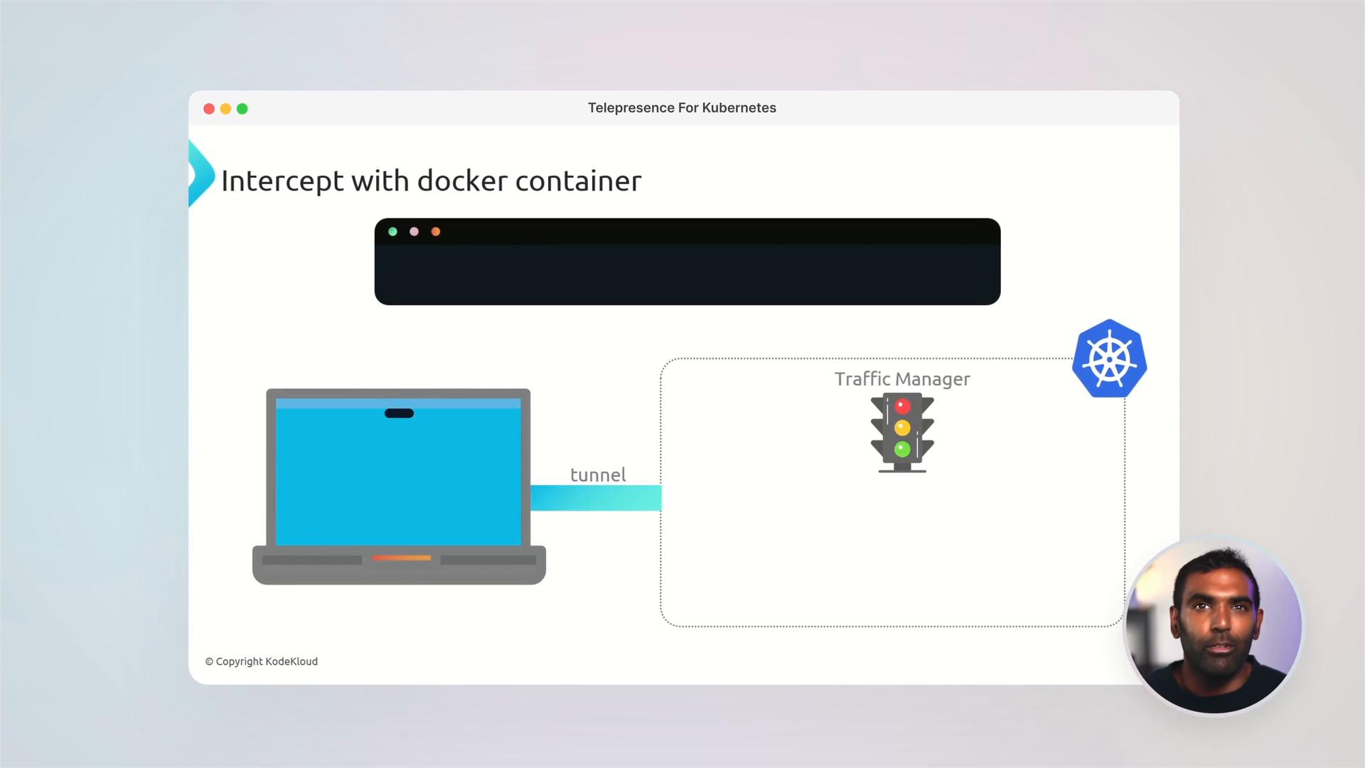 A presentation slide titled "Intercept with docker container" showing a diagram of a laptop connected via a "tunnel" to a traffic manager and a Kubernetes icon, plus a terminal mockup. A small circular webcam overlay shows a presenter's face in the bottom-right.