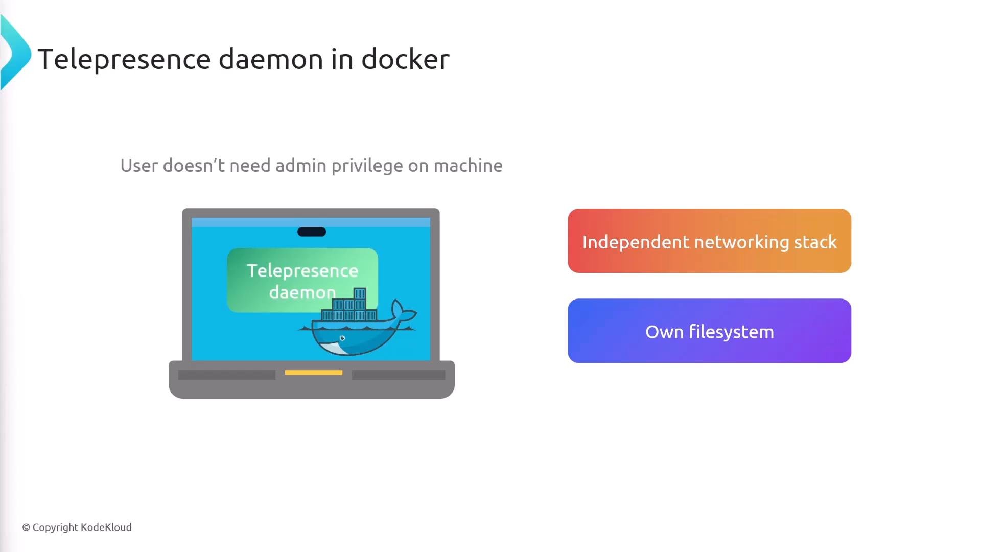 A presentation slide showing a laptop with a Docker whale and a label "Telepresence daemon." To the right it lists benefits: "Independent networking stack" and "Own filesystem," and notes the user doesn't need admin privileges.
