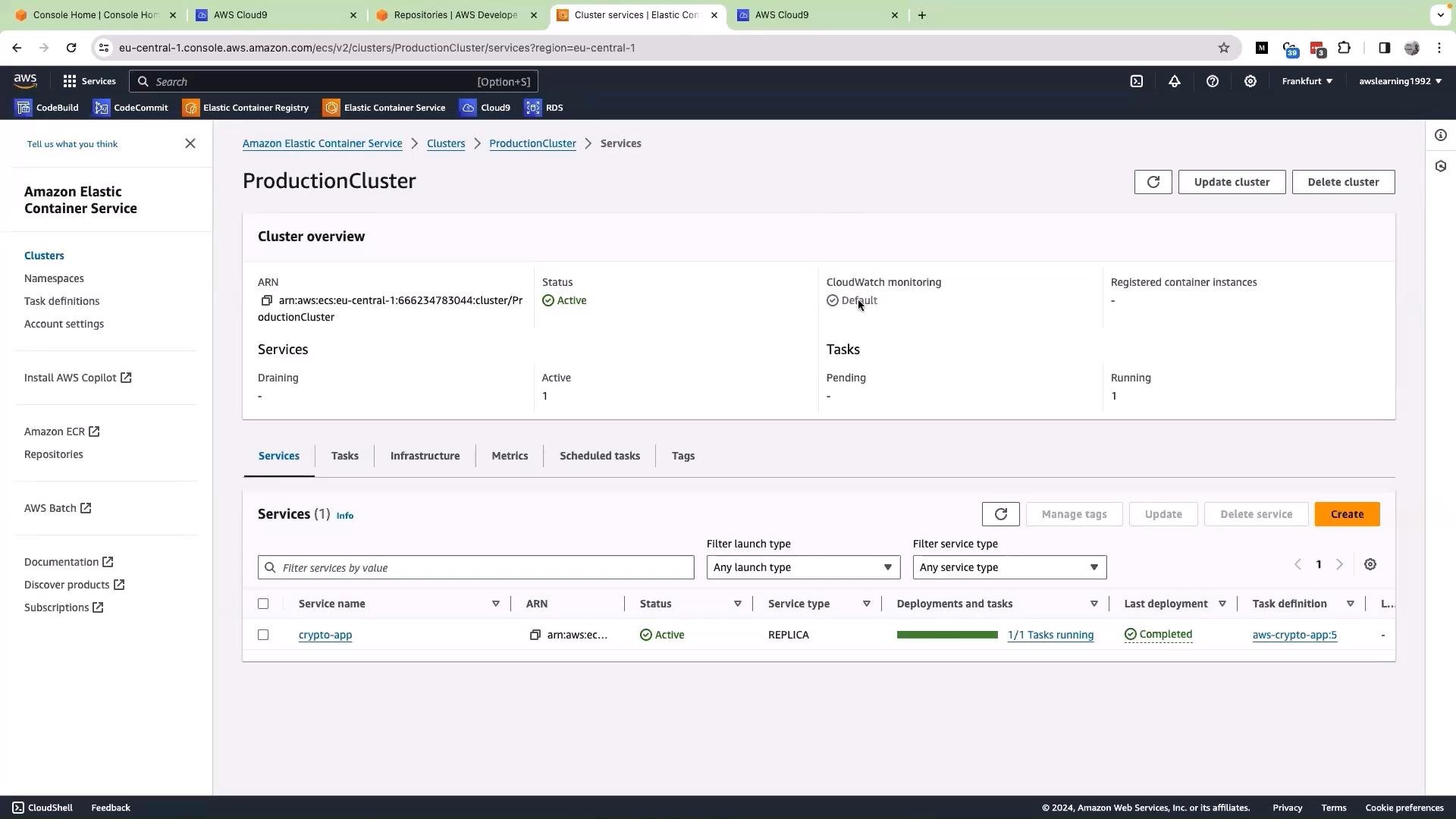 A screenshot of the AWS Management Console showing the Amazon Elastic Container Service (ECS) cluster named "ProductionCluster" with its cluster overview. The Services list shows one service ("crypto-app") with 1/1 tasks running.