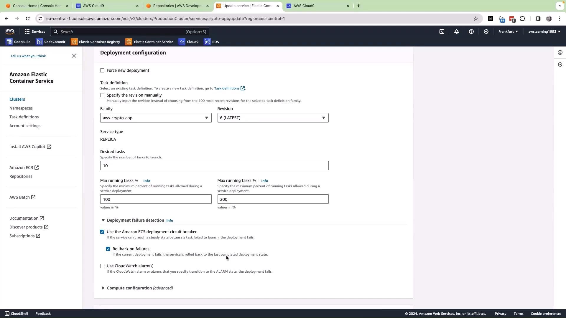 A screenshot of the AWS Management Console showing the Amazon Elastic Container Service "Deployment configuration" page. It displays the task definition family "aws-crypto-app" (revision 6), desired tasks set to 10, and deployment options like min/max running tasks and the ECS deployment circuit breaker.