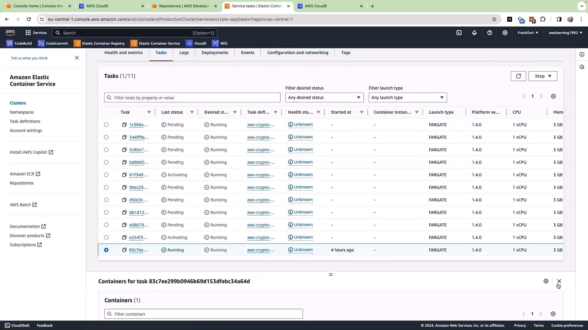 A screenshot of the AWS Elastic Container Service (ECS) console displaying a tasks list for a cluster (crypto-app), showing multiple FARGATE tasks with statuses like Pending, Activating, and Running. The health column shows "Unknown" for most tasks and resource details (1 vCPU, 3 GB) are visible.