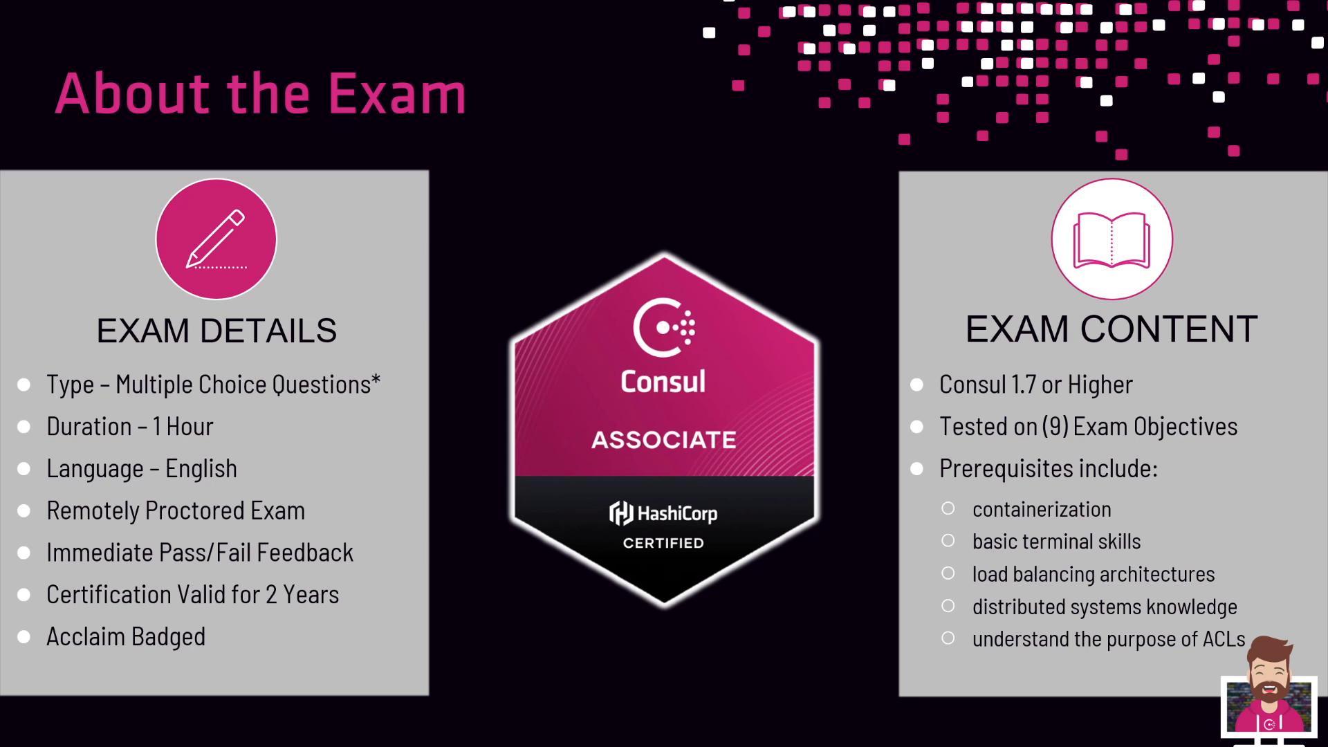 An infographic titled "About the Exam" for the HashiCorp Consul Associate certification, showing a central Consul badge flanked by exam details (type: multiple choice, 1 hour, remotely proctored) on the left and exam content/prerequisites on the right.