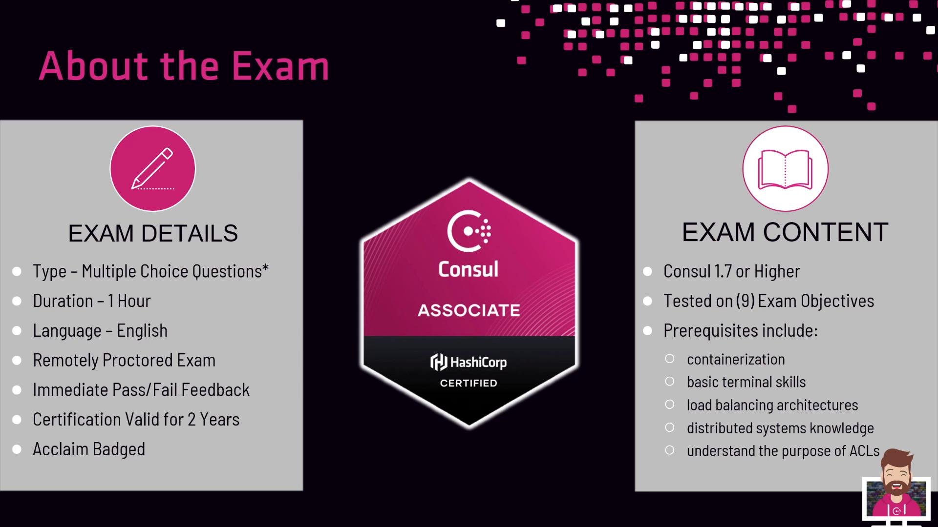 An infographic titled "About the Exam" for the HashiCorp Consul Associate certification, showing a central Consul badge flanked by exam details (type: multiple choice, 1 hour, remotely proctored) on the left and exam content/prerequisites on the right.