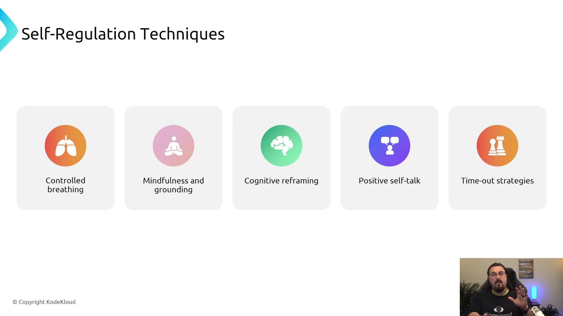 A presentation slide titled "Self-Regulation Techniques" showing five illustrated items: Controlled breathing, Mindfulness and grounding, Cognitive reframing, Positive self-talk, and Time-out strategies. A small video thumbnail of a speaker appears in the bottom-right.