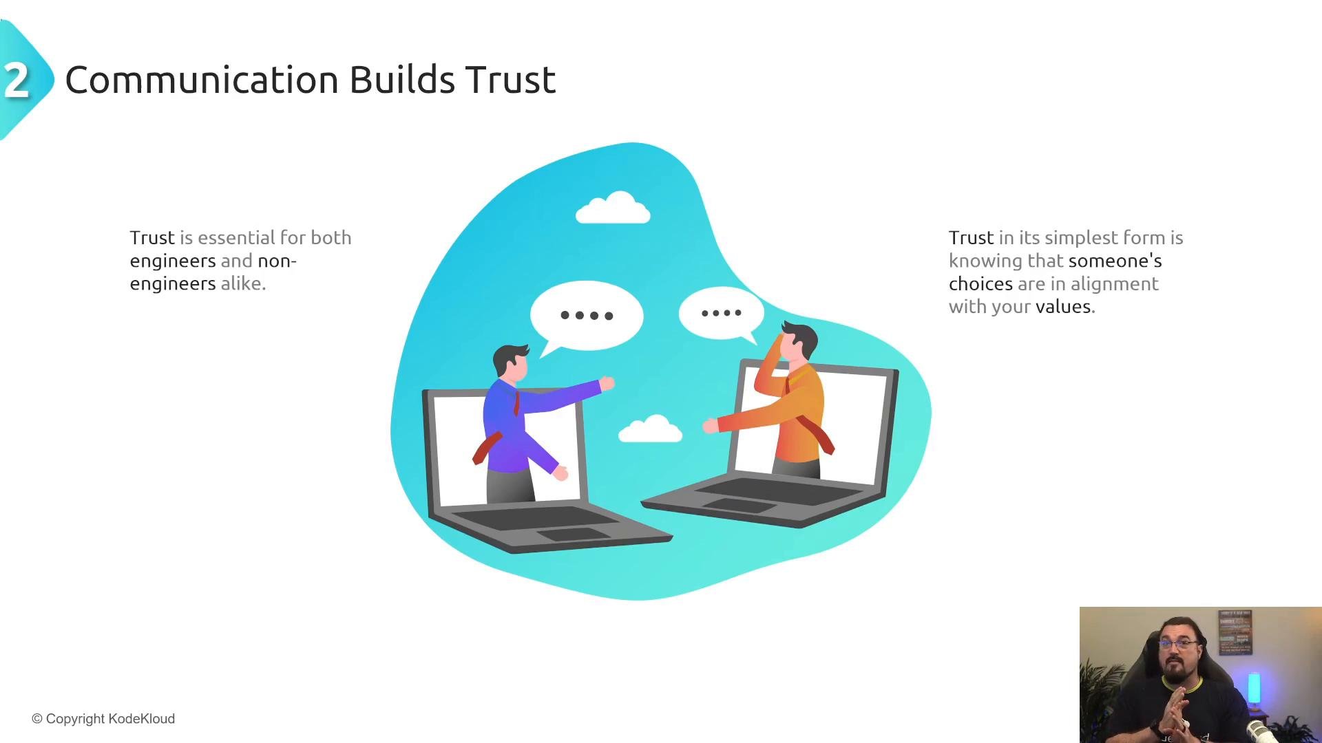 A presentation slide titled "Communication Builds Trust" with an illustration of two people reaching out from laptop screens and speech bubbles against a blue cloud-shaped background, flanked by brief text about trust. A small video thumbnail of a man speaking appears in the lower-right corner.