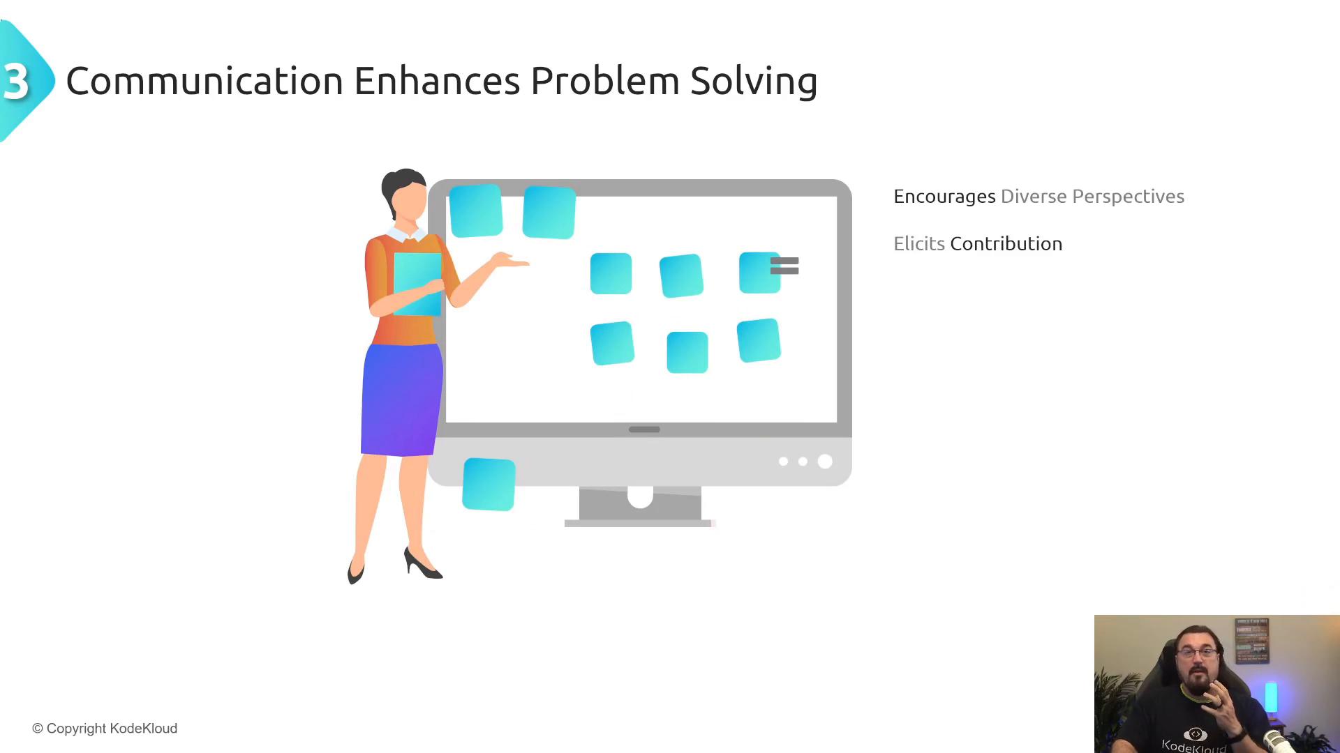 A slide titled "Communication Enhances Problem Solving" showing an illustration of a woman pointing to sticky notes on a large computer monitor. The slide also lists "Encourages Diverse Perspectives" and "Elicits Contribution," with a small presenter video thumbnail in the bottom-right.