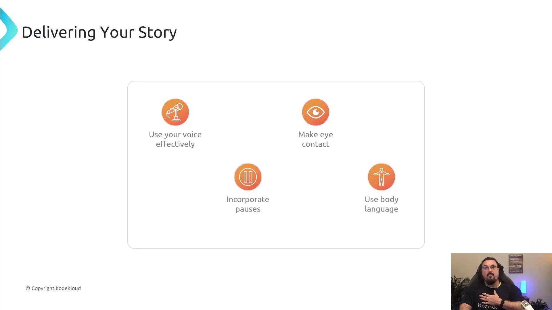A presentation slide titled "Delivering Your Story" showing four tips with orange icons: "Use your voice effectively," "Make eye contact," "Incorporate pauses," and "Use body language." A small video feed of a person speaking appears in the bottom-right corner.