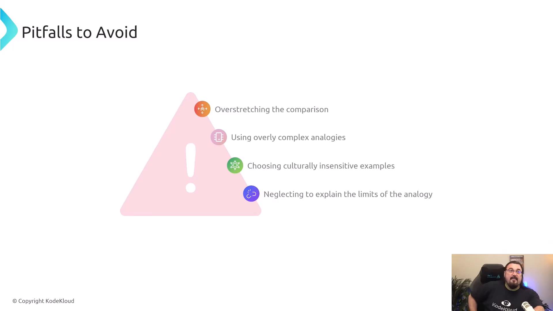 A presentation slide titled "Pitfalls to Avoid" showing a large pink warning triangle and four listed pitfalls about using analogies. A small webcam feed of a presenter appears in the lower-right corner.