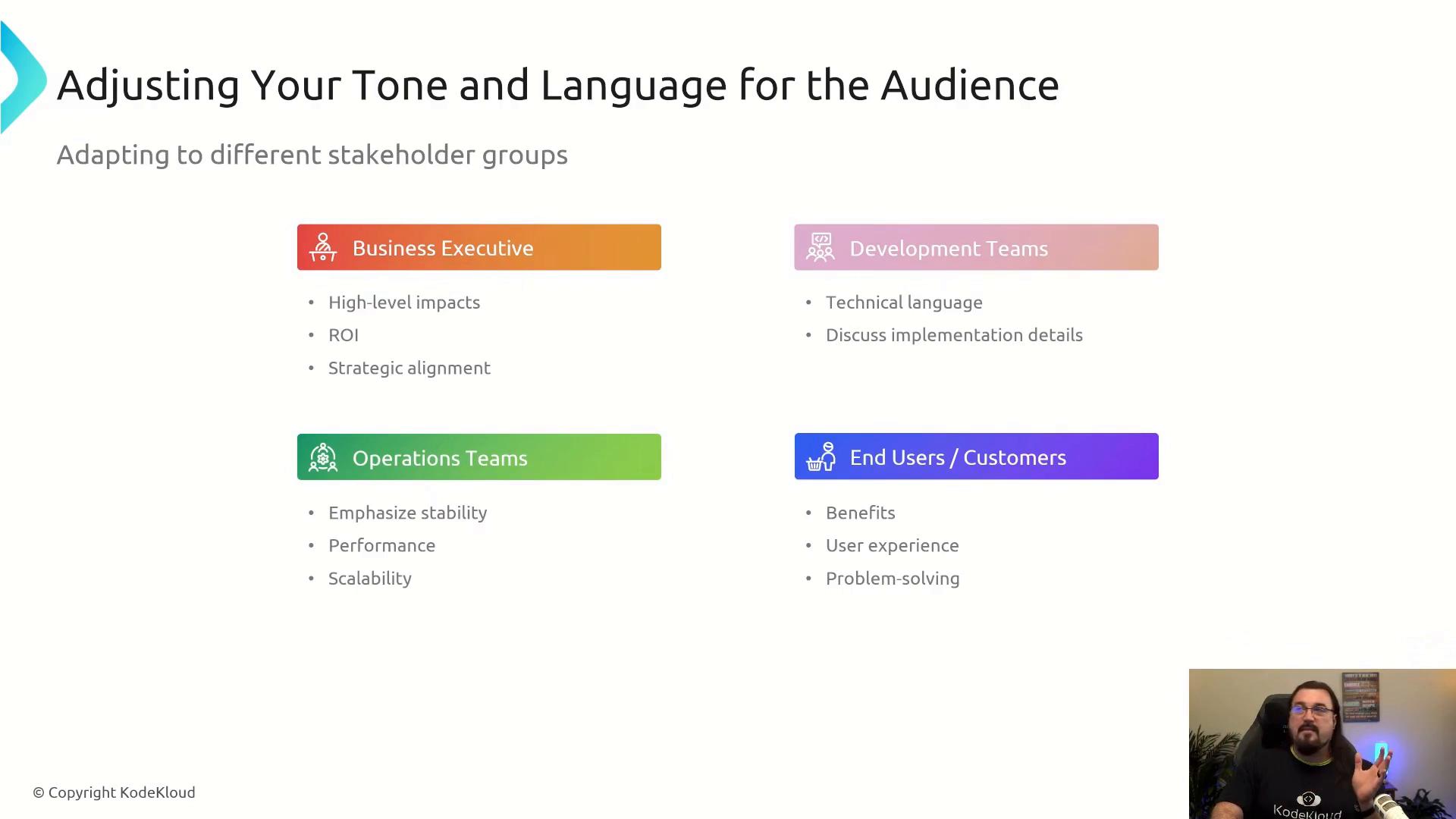A presentation slide titled "Adjusting Your Tone and Language for the Audience" showing four colored boxes for Business Executive, Development Teams, Operations Teams, and End Users/Customers with brief bullet points. A small webcam feed of a presenter appears in the bottom-right corner.