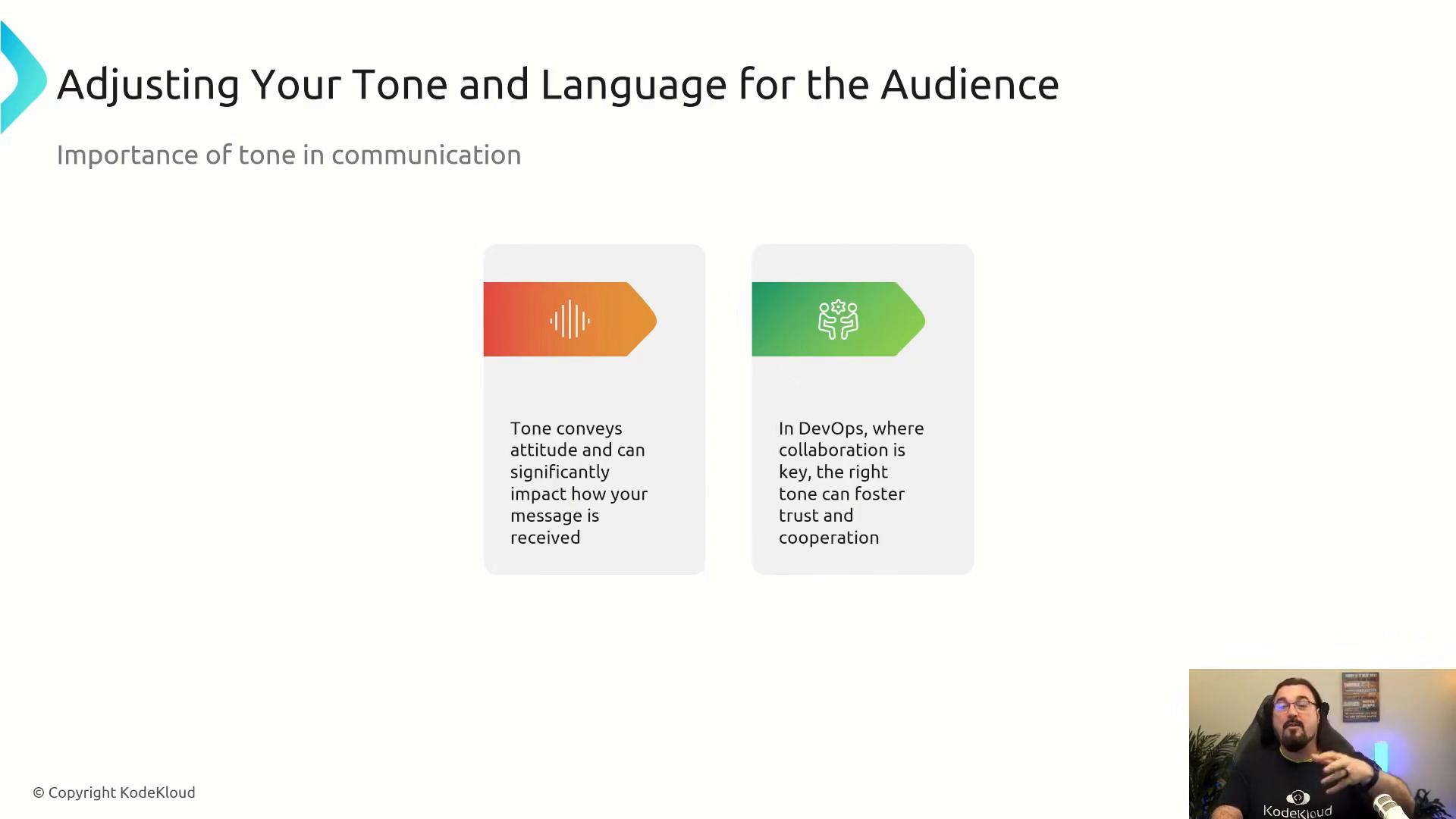 A presentation slide titled "Adjusting Your Tone and Language for the Audience" showing two colored info boxes about the importance of tone in communication. A small webcam window in the bottom-right shows a person speaking.