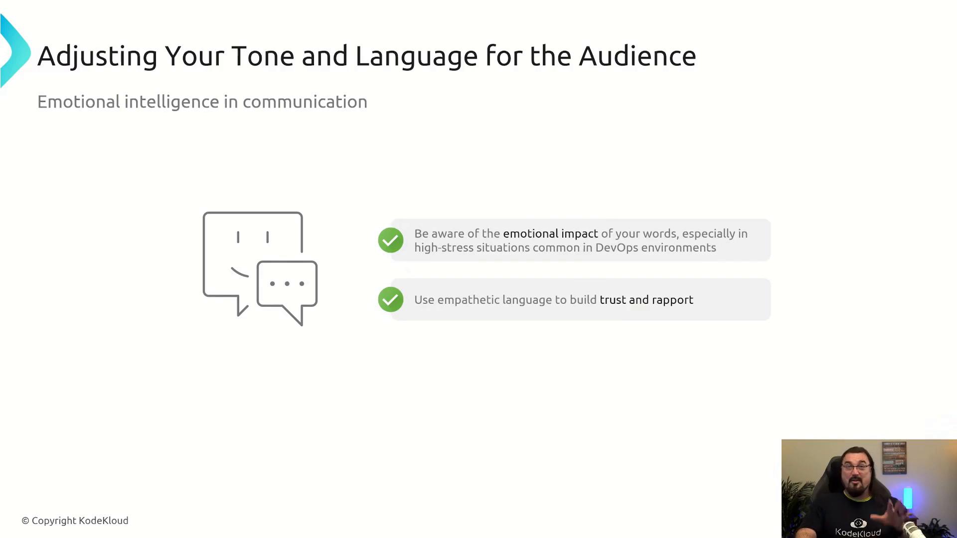 A presentation slide titled "Adjusting Your Tone and Language for the Audience" about emotional intelligence in communication, with tips to be aware of the emotional impact of your words and to use empathetic language. The slide also shows a speech-bubble icon and a small webcam view of a speaker in the corner.