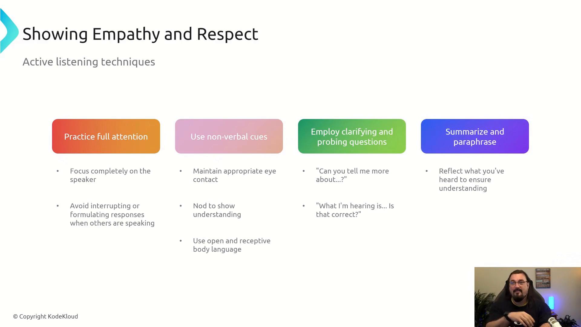 A presentation slide titled "Showing Empathy and Respect" that outlines active listening techniques in colored boxes (practice full attention, use non‑verbal cues, employ clarifying/probing questions, summarize and paraphrase). A small webcam feed with a person appears in the bottom‑right corner.
