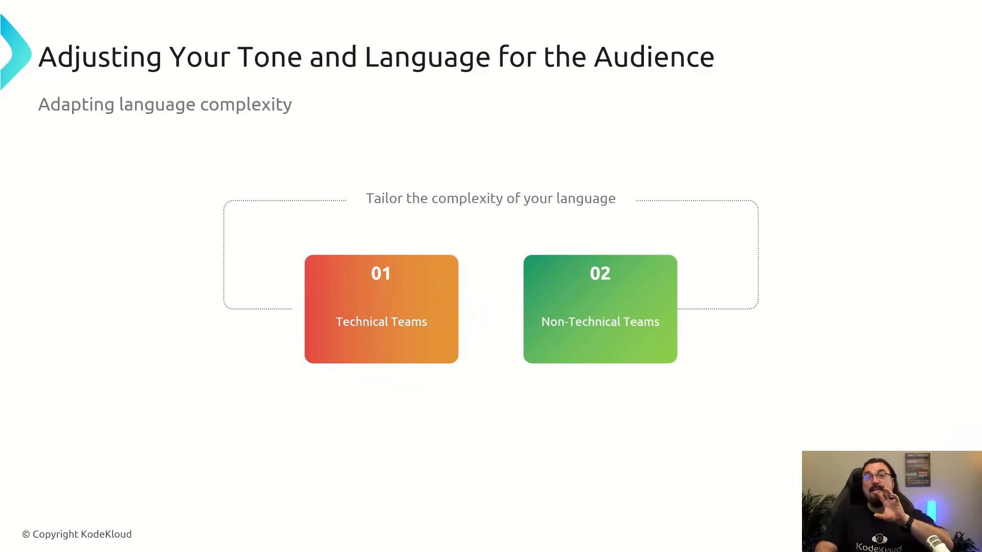 A presentation slide titled "Adjusting Your Tone and Language for the Audience" with two colored boxes labeled "01 Technical Teams" and "02 Non-Technical Teams" under the note "Tailor the complexity of your language." A small webcam feed of a presenter appears in the bottom-right corner.