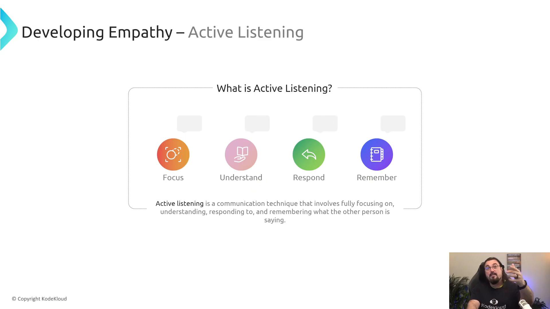A presentation slide titled "Developing Empathy – Active Listening" showing four icons labeled Focus, Understand, Respond, and Remember, with a brief definition of active listening beneath. A small video thumbnail of a presenter appears in the bottom-right corner.