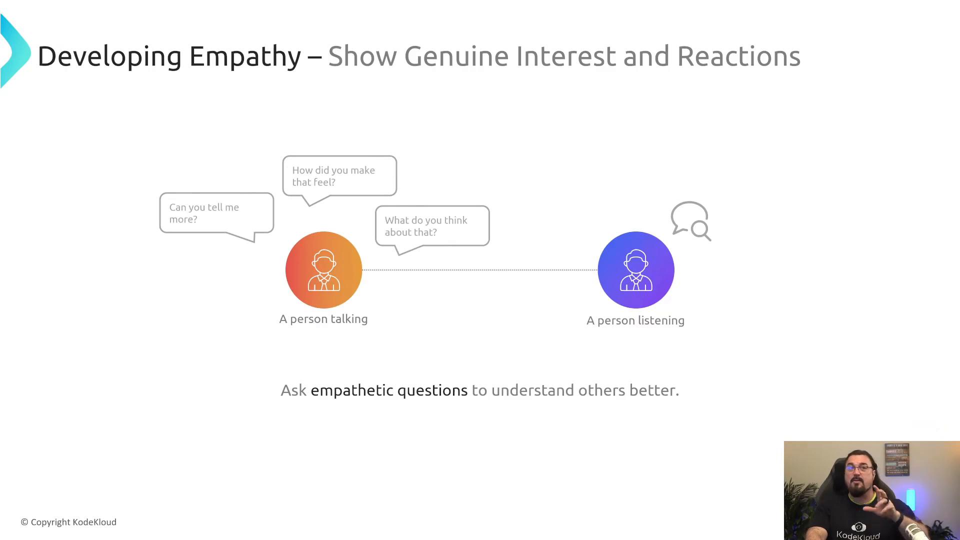 A presentation slide titled "Developing Empathy – Show Genuine Interest and Reactions" showing an orange icon for a person talking and a purple icon for a person listening with speech bubbles like "Can you tell me more?". In the lower-right corner a presenter is visible speaking into a microphone.