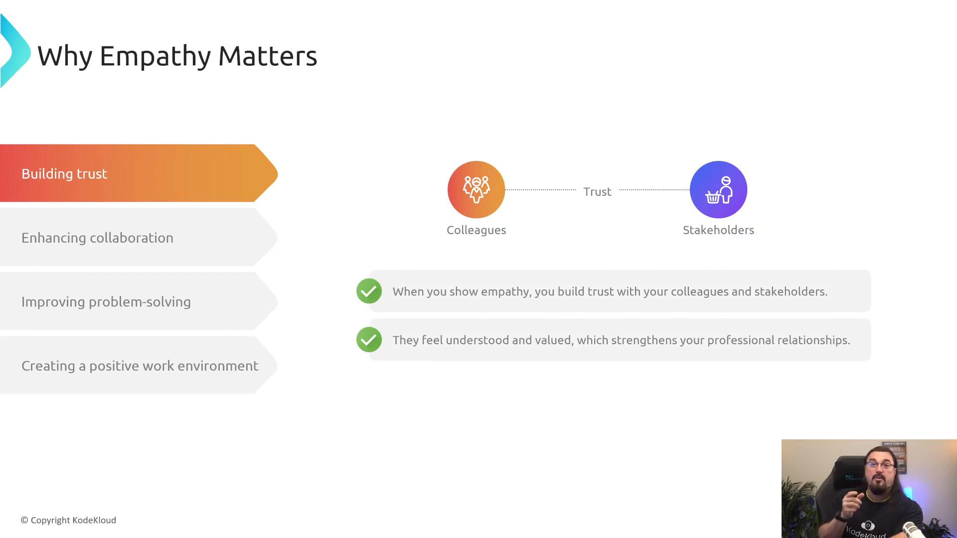 A presentation slide titled "Why Empathy Matters" highlighting benefits like "Building trust" with icons linking colleagues to stakeholders and check-marked notes about empathy strengthening relationships. A small video thumbnail of a presenter appears in the bottom-right corner.