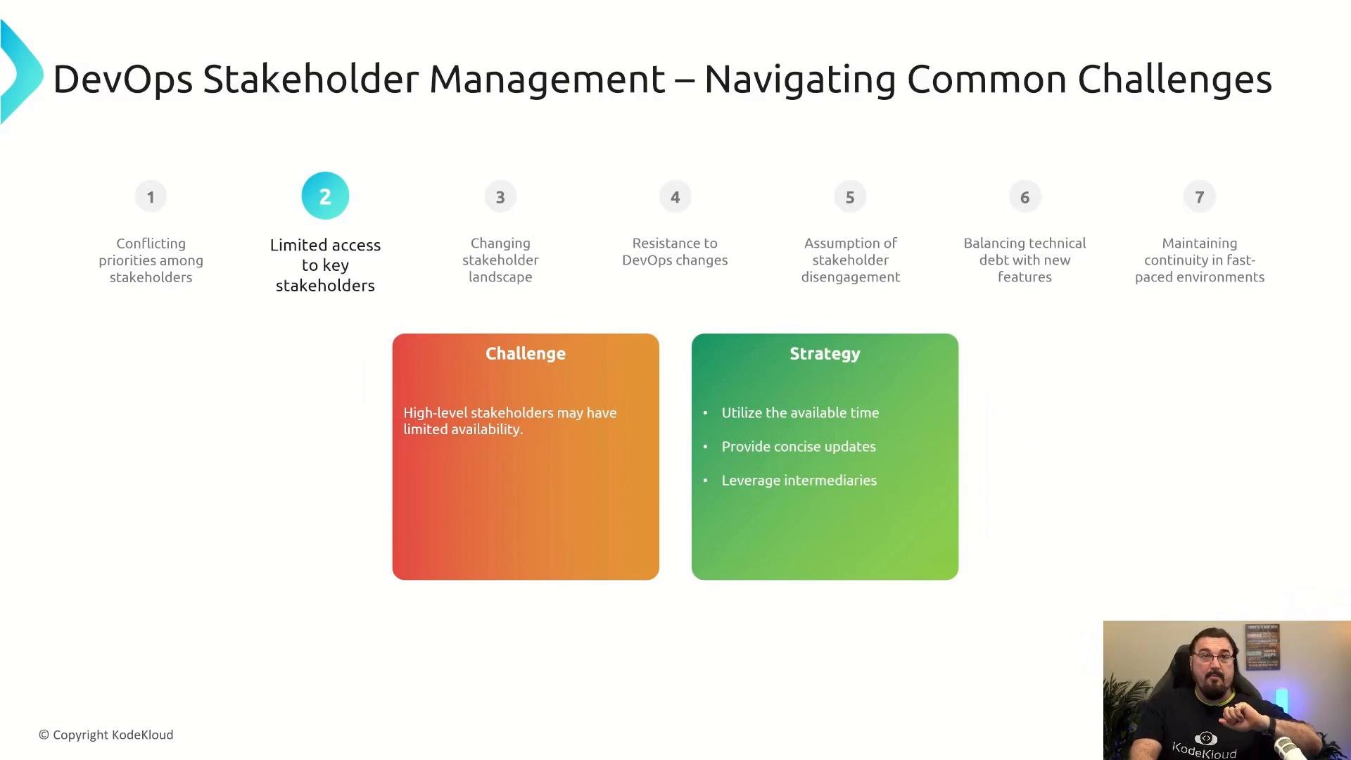 A presentation slide titled "DevOps Stakeholder Management — Navigating Common Challenges" listing seven numbered challenges and showing two colored panels labeled "Challenge" and "Strategy." A small webcam view of the presenter appears in the bottom-right corner.