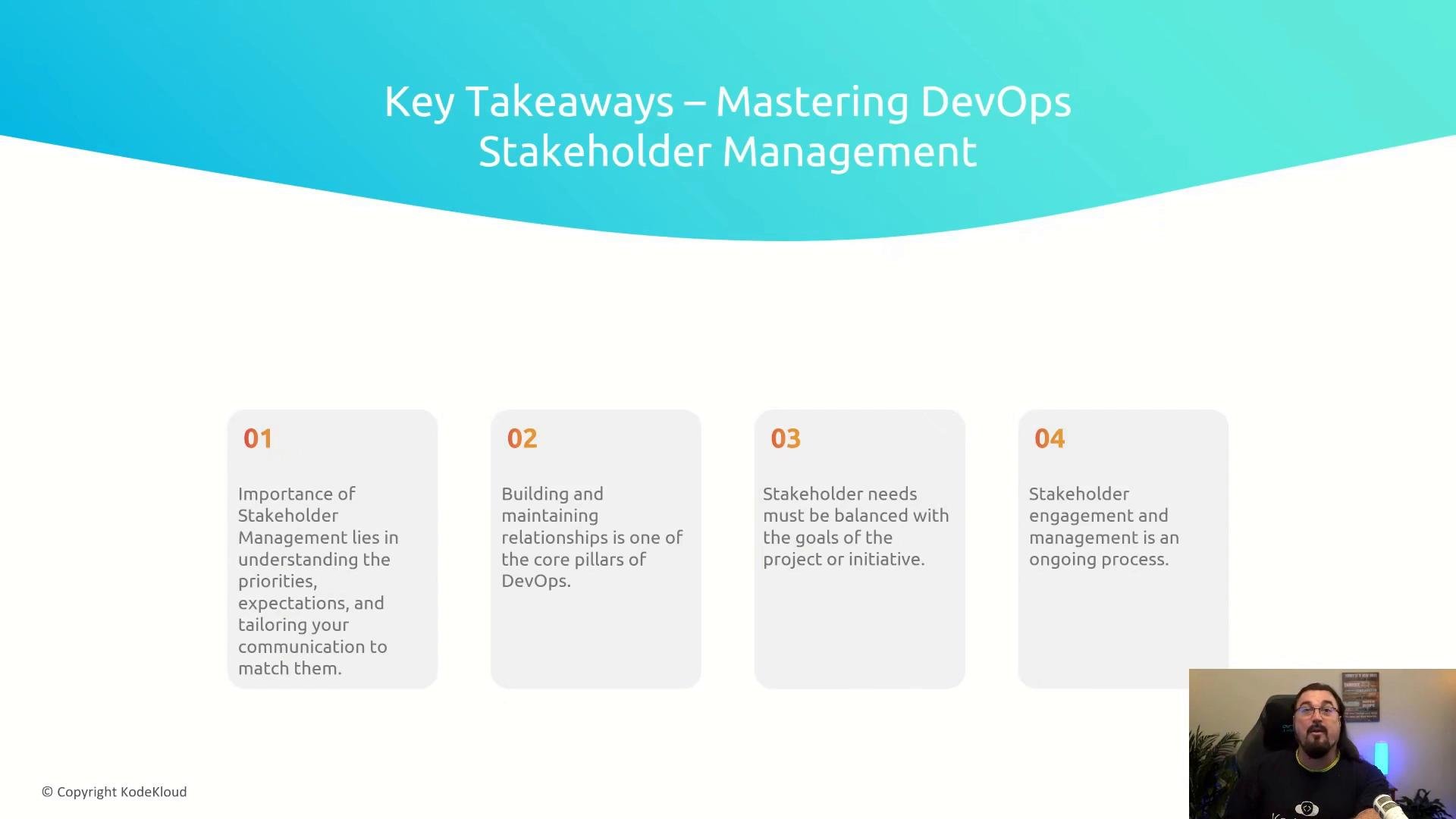 A presentation slide titled "Key Takeaways — Mastering DevOps Stakeholder Management" showing four numbered summary boxes with brief points about stakeholder relationships and engagement. A small webcam feed of a presenter appears in the bottom-right corner.