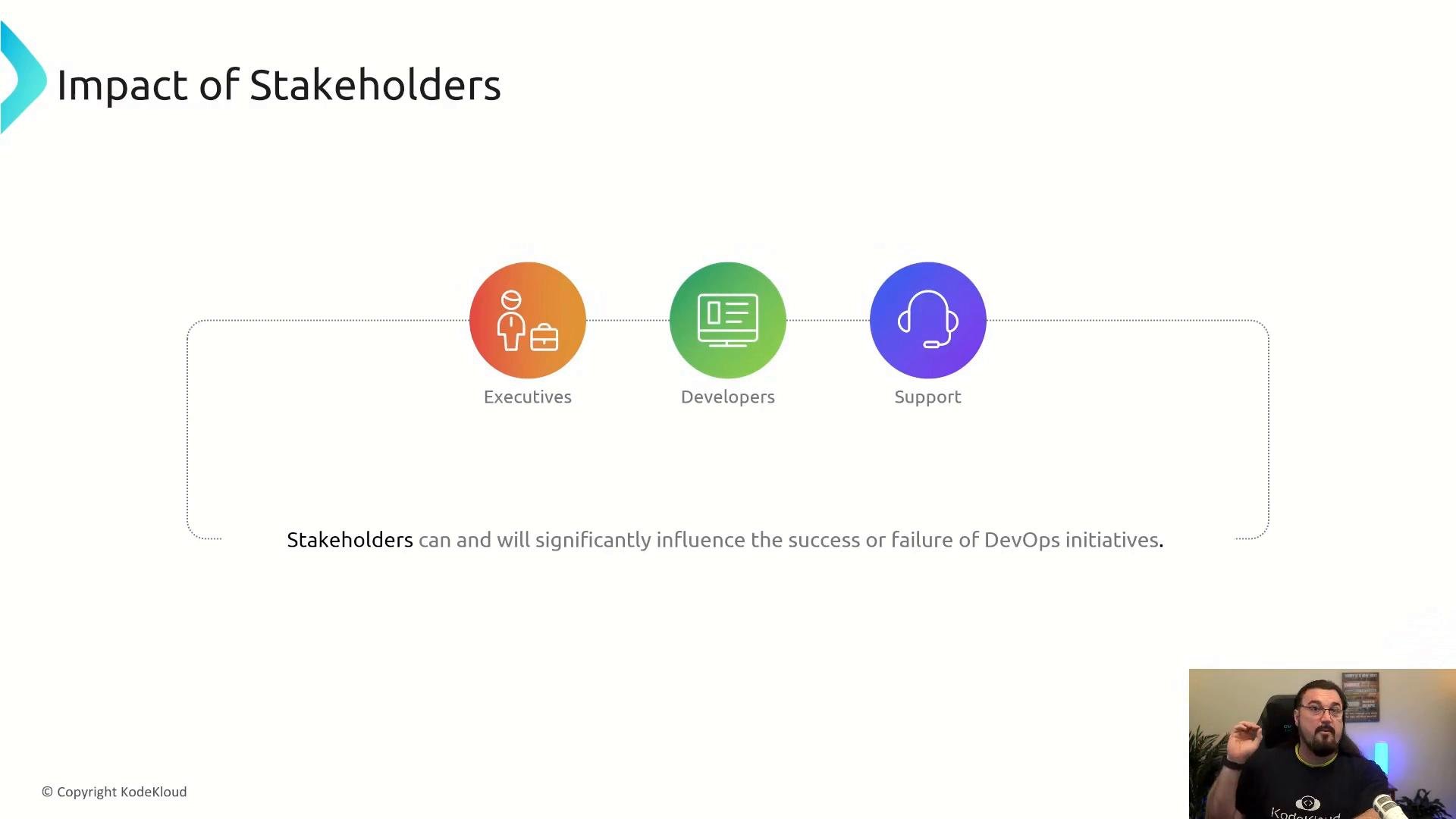 A presentation slide titled "Impact of Stakeholders" showing three colorful circular icons labeled Executives, Developers, and Support. A caption notes stakeholders influence DevOps success, and there's a small video overlay of a presenter in the bottom-right corner.