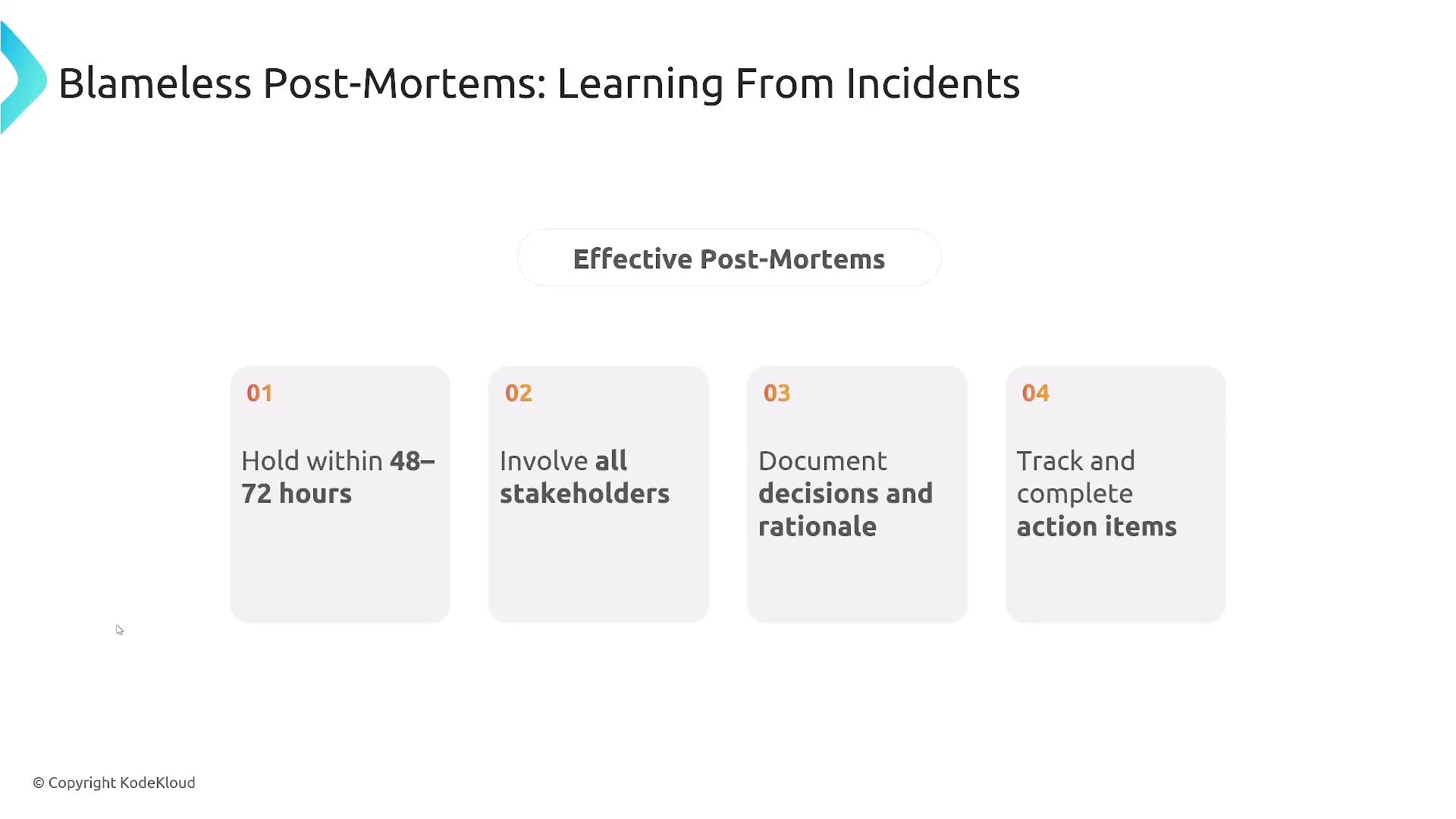 A presentation slide titled "Blameless Post-Mortems: Learning From Incidents" showing four tips for effective post-mortems: hold within 48–72 hours, involve all stakeholders, document decisions and rationale, and track/complete action items. The slide is © KodeKloud.