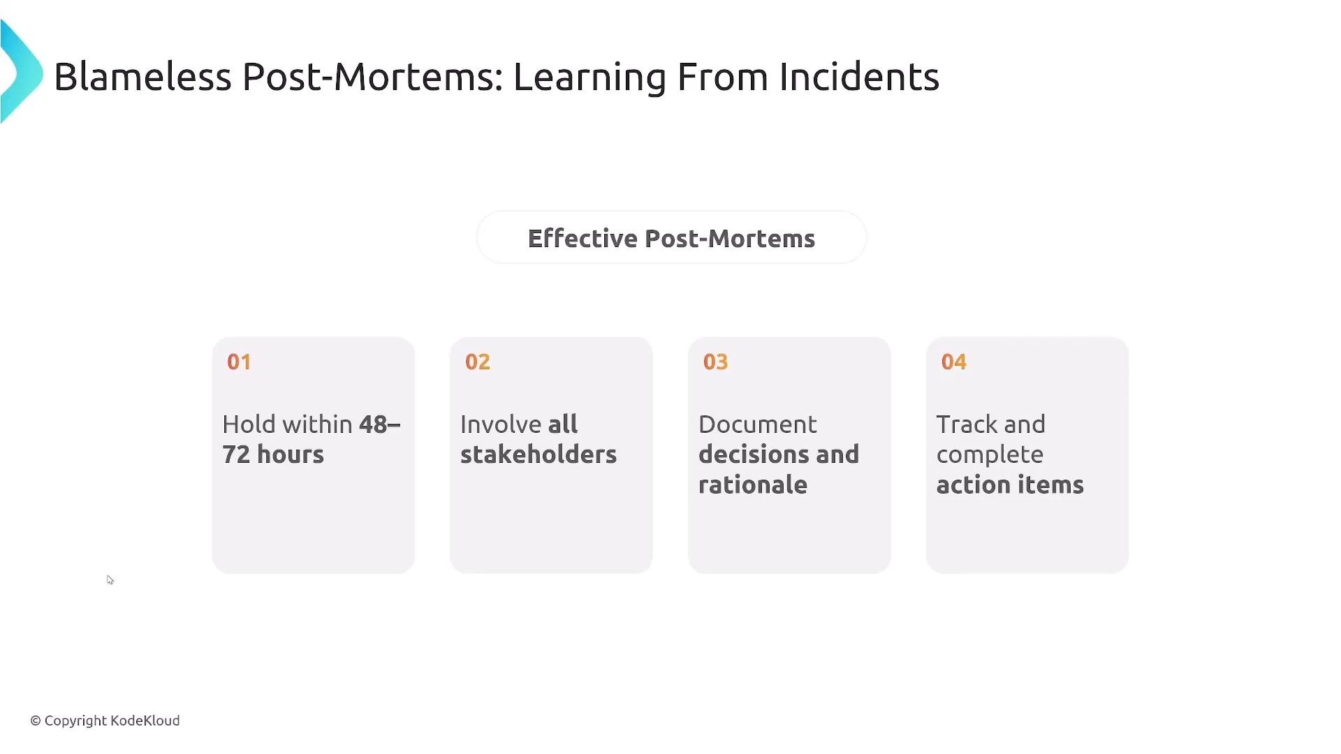A presentation slide titled "Blameless Post-Mortems: Learning From Incidents" showing four tips for effective post-mortems: hold within 48–72 hours, involve all stakeholders, document decisions and rationale, and track/complete action items. The slide is © KodeKloud.
