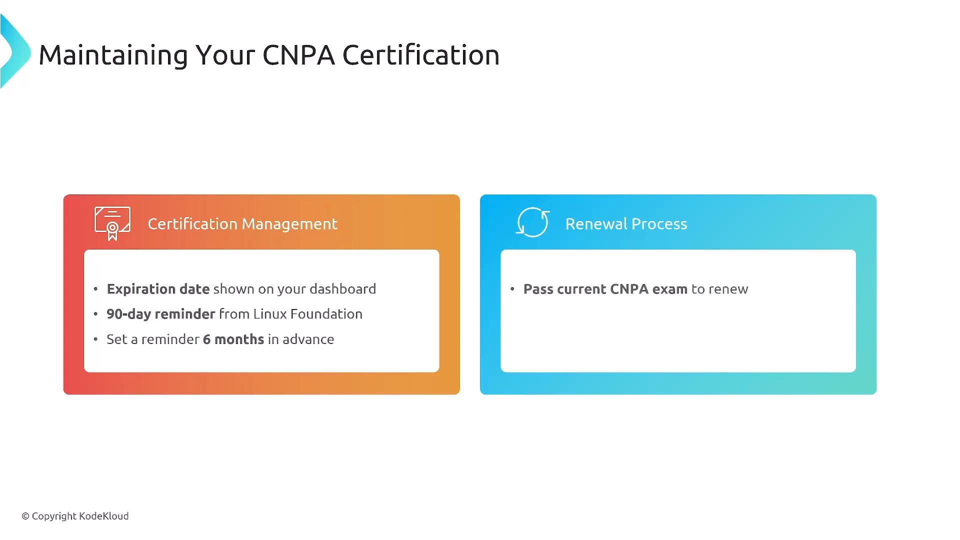 A slide titled "Maintaining Your CNPA Certification" showing two colored panels: "Certification Management" (notes about expiration date, 90‑day reminder, and setting a 6‑month reminder) and "Renewal Process" (note to pass the current CNPA exam to renew).