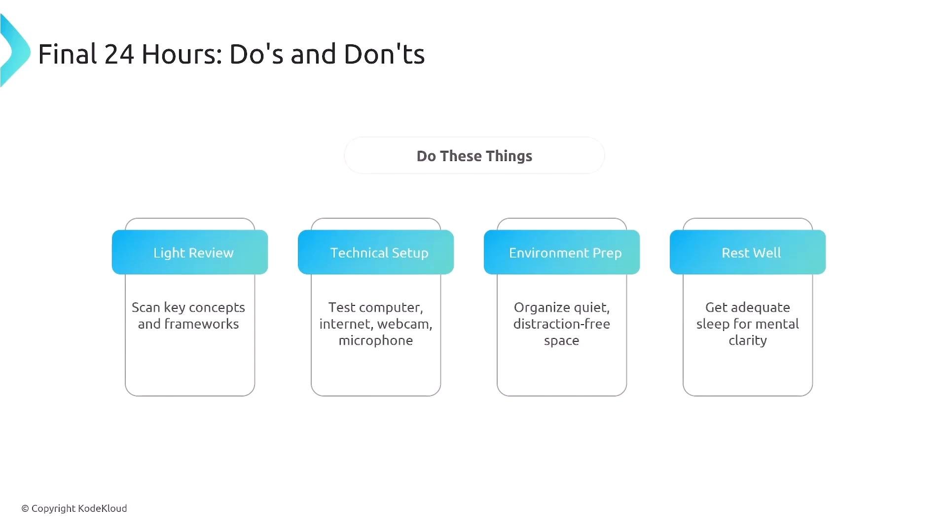 A presentation slide titled "Final 24 Hours: Do's and Don'ts" that highlights four recommended actions: Light Review, Technical Setup, Environment Prep, and Rest Well. Each action has a short tip underneath (scan key concepts; test computer/internet/webcam/mic; organize a quiet space; get adequate sleep).