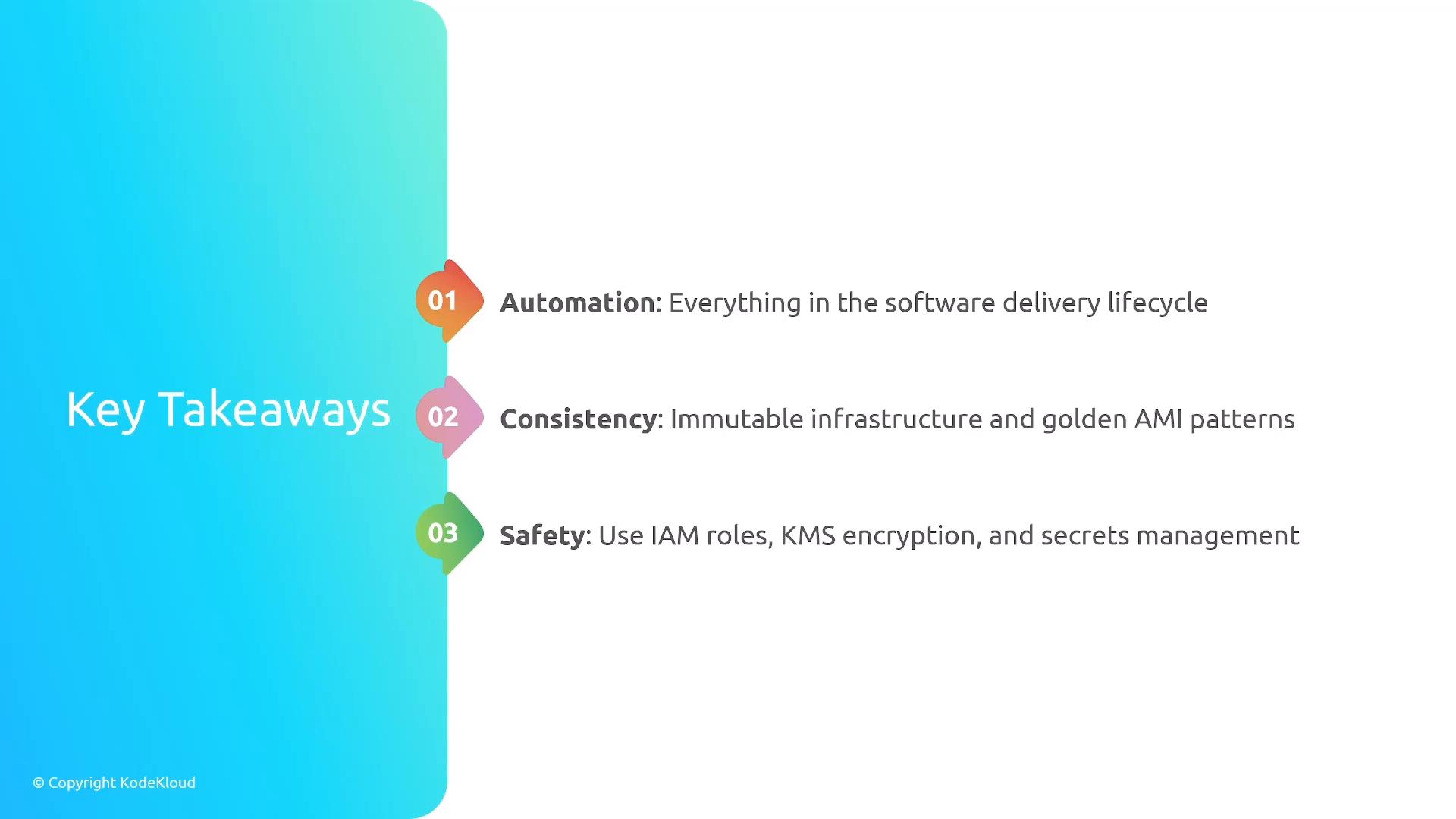A presentation slide titled "Key Takeaways" with a blue gradient panel on the left. It lists three numbered points: 01 Automation (everything in the software delivery lifecycle), 02 Consistency (immutable infrastructure and golden AMI patterns), and 03 Safety (use IAM roles, KMS encryption, and secrets management).