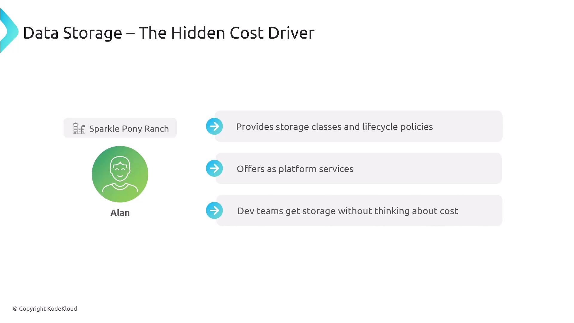 A presentation slide titled "Data Storage – The Hidden Cost Driver" showing a user avatar labeled "Alan" (Sparkle Pony Ranch) and three points: provides storage classes and lifecycle policies; offers platform services; and dev teams get storage without thinking about cost.