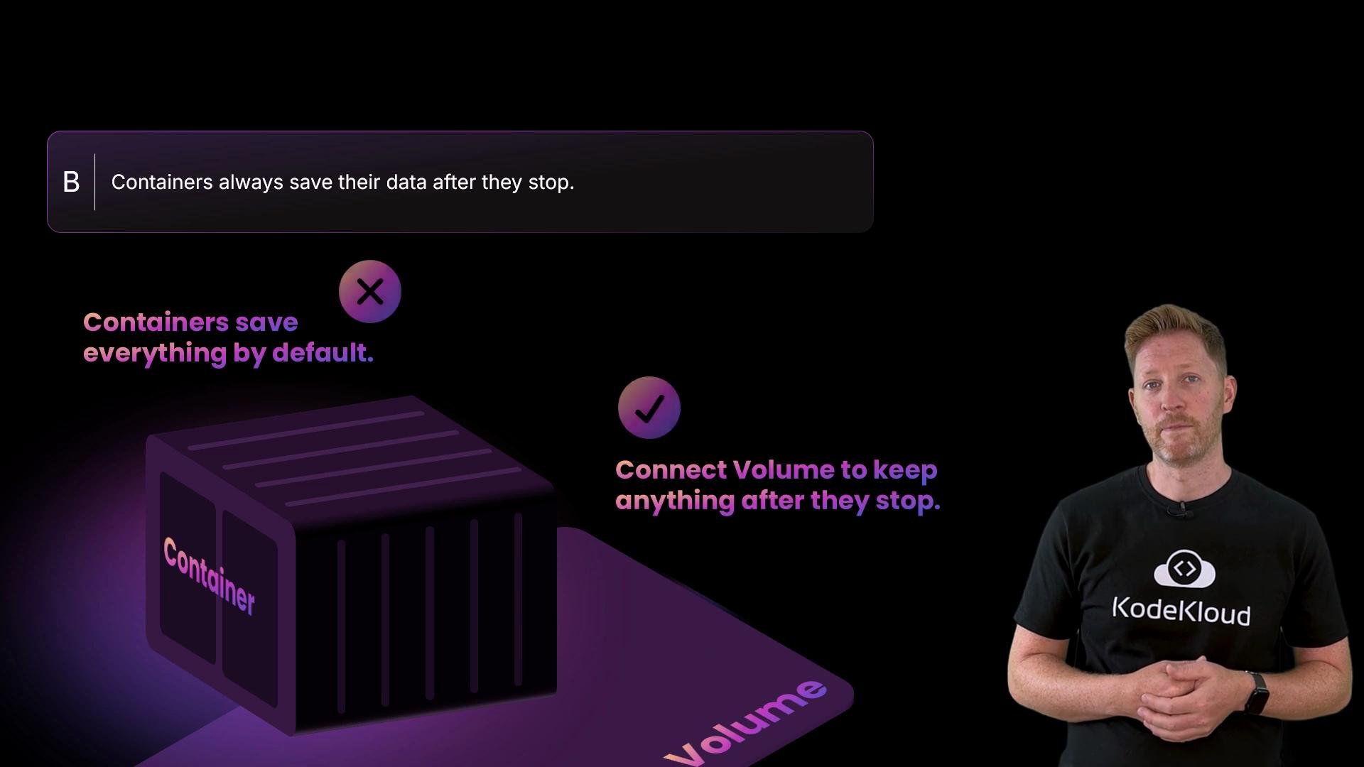 The image explains that containers don't save data by default after stopping unless connected to a volume. A person stands next to the information, wearing a KodeKloud shirt.