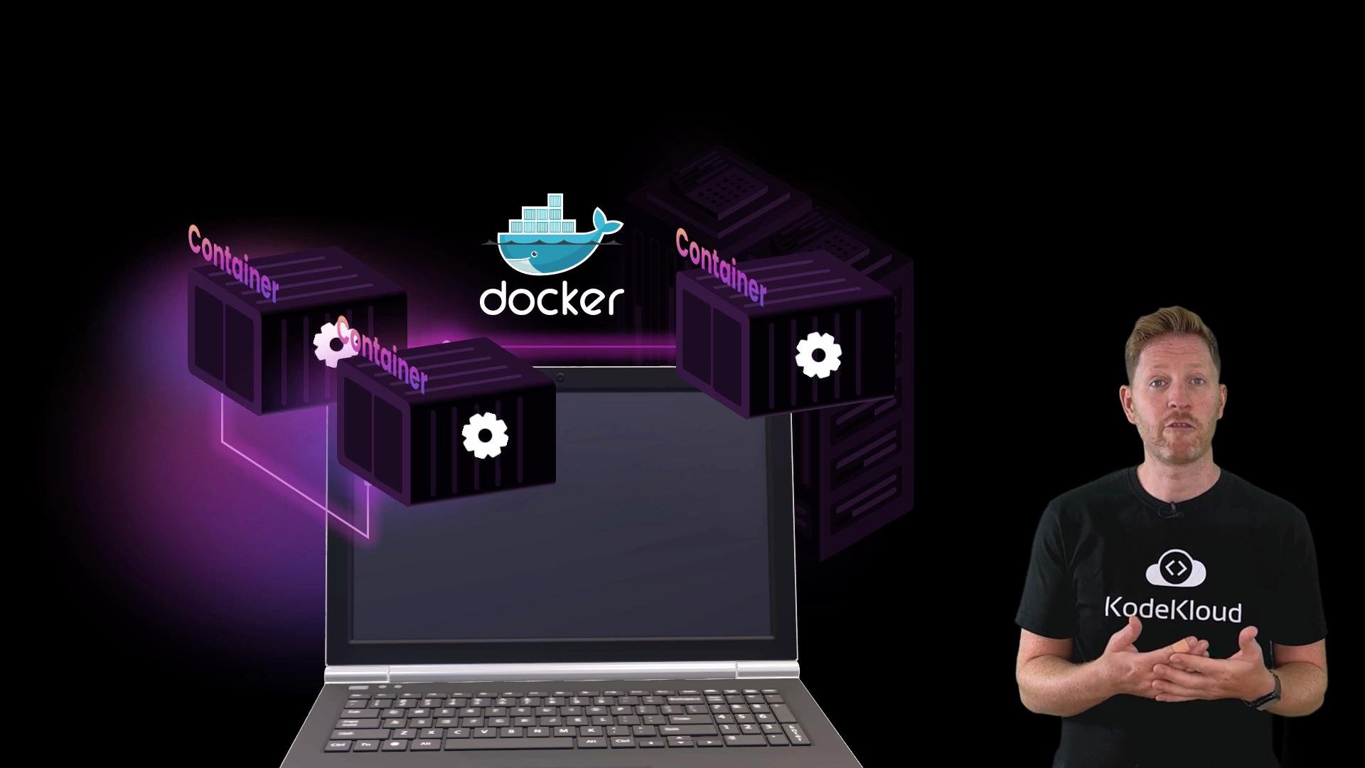 The image shows a person standing next to a laptop with graphics depicting Docker containers. The Docker logo and word "Container" are visible.
