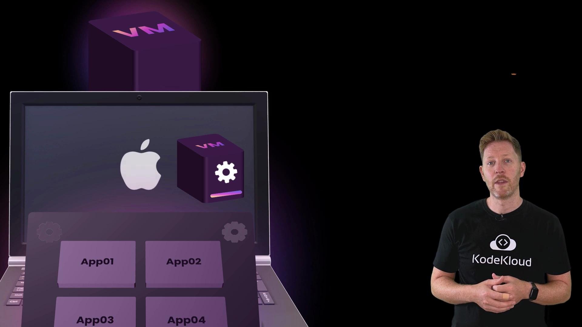 The image shows a person standing next to an illustration of a laptop screen with a virtual machine (VM) concept, displaying applications labeled "App01" to "App04" and an Apple logo. The person is wearing a KodeKloud T-shirt.