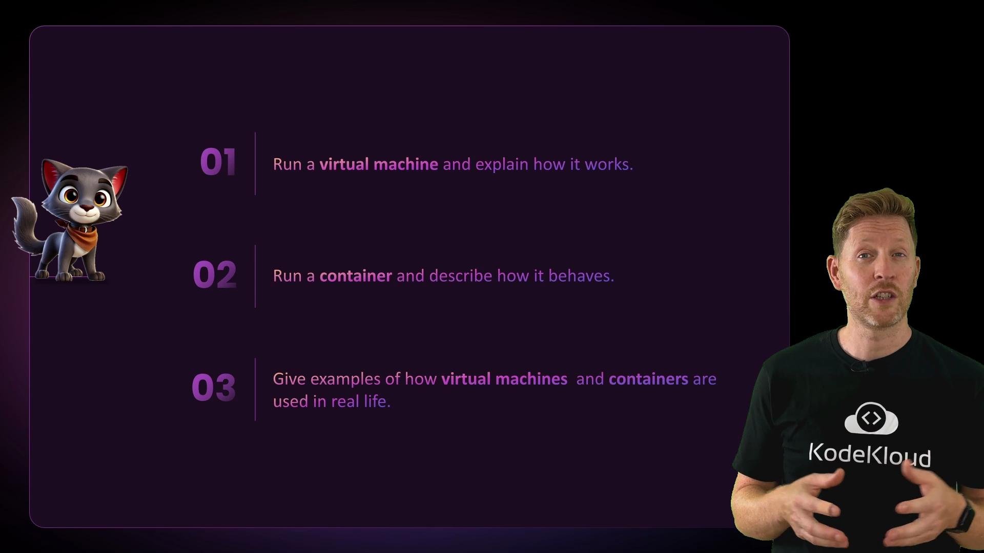 The image features a cartoon dog on the left and a person on the right, with a list of tasks related to virtual machines and containers displayed in the center.