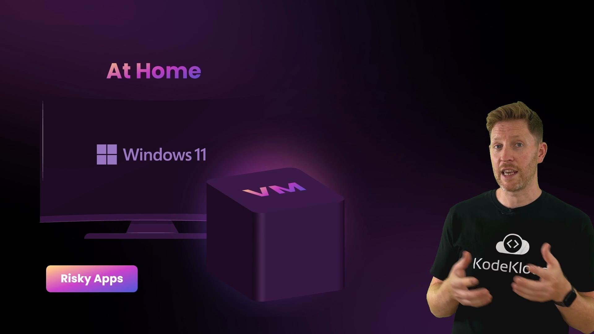 A person is gesturing while standing next to graphics showing Windows 11 and a "VM" (virtual machine) cube, with text "Risky Apps" and "At Home" in a dark purple-themed background.