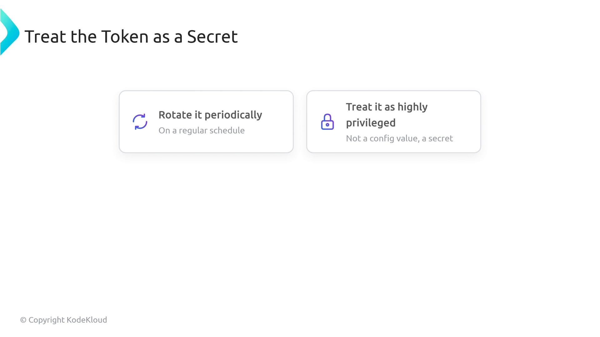 A presentation slide titled "Treat the Token as a Secret." It shows two boxed tips: "Rotate it periodically" and "Treat it as highly privileged" with small icons and a KodeKloud copyright.
