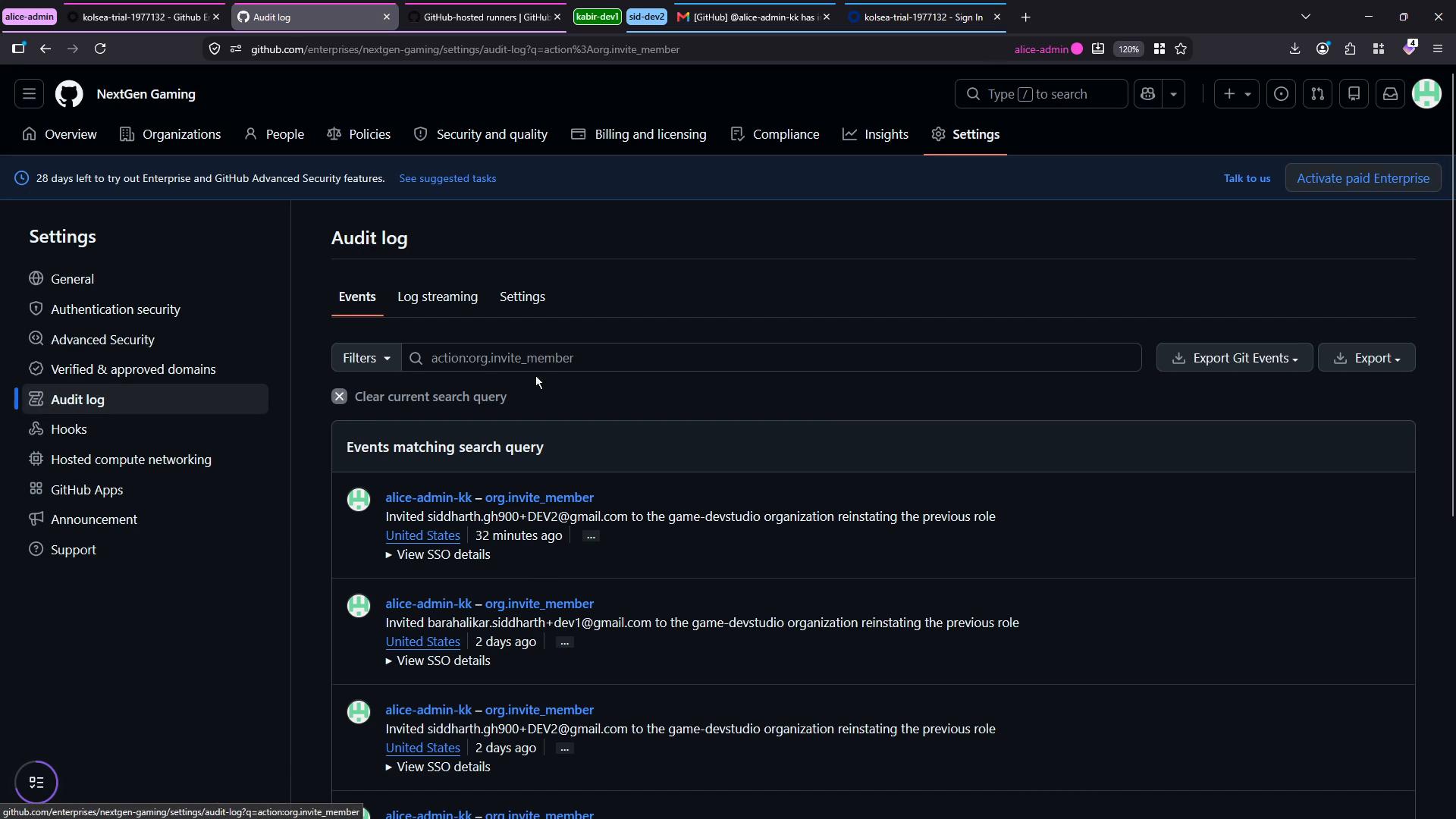 A dark-mode GitHub Enterprise settings screen showing the Audit log with a left-hand Settings menu and a list of recent organization member invitation events. The top area shows a search/filter bar and export buttons for the log.