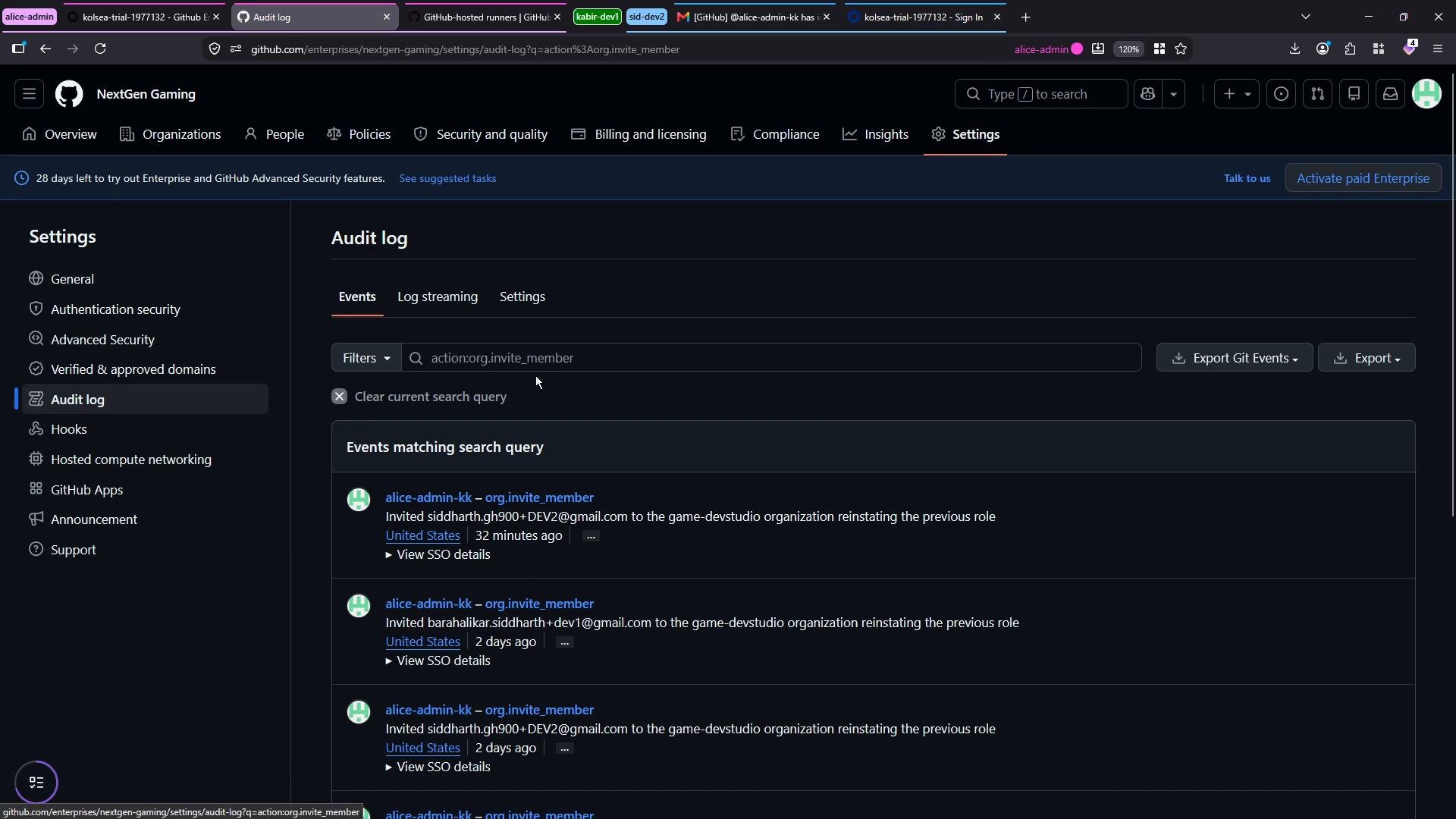 A dark-mode GitHub Enterprise settings screen showing the Audit log with a left-hand Settings menu and a list of recent organization member invitation events. The top area shows a search/filter bar and export buttons for the log.
