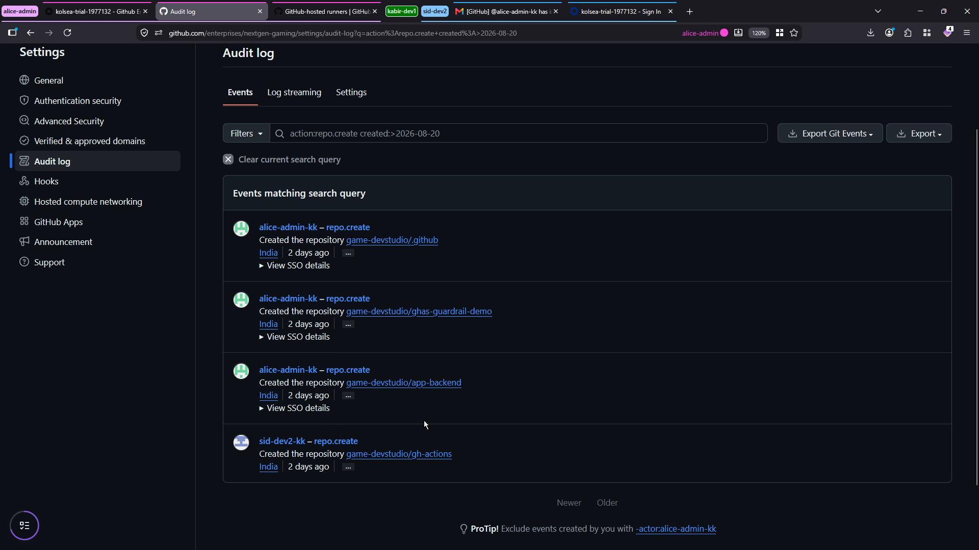 A screenshot of a GitHub Enterprise "Audit log" page showing a list of recent repository creation events. The left side shows the settings menu and the main pane lists entries for repo.create actions.