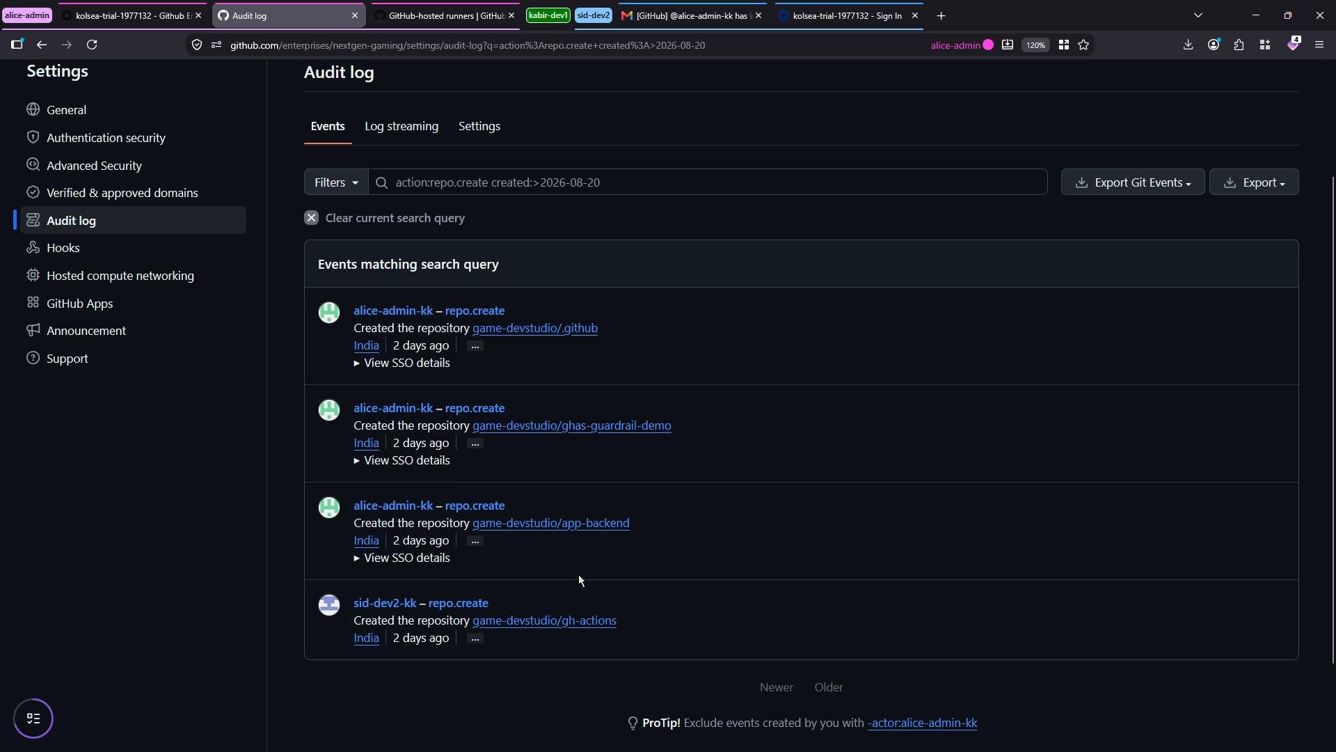 A screenshot of a GitHub Enterprise "Audit log" page showing a list of recent repository creation events. The left side shows the settings menu and the main pane lists entries for repo.create actions.