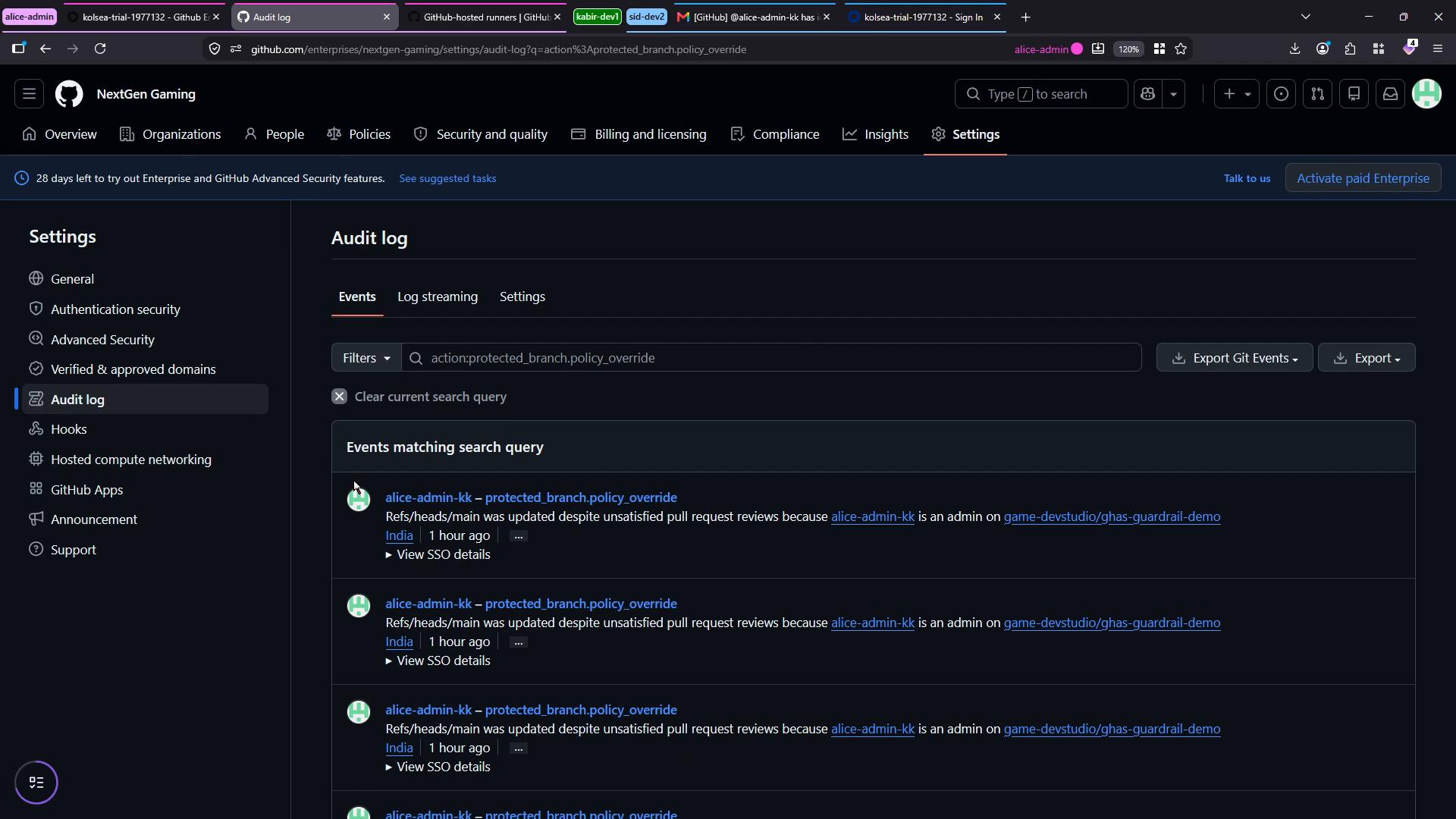 A dark-themed GitHub Enterprise "Audit log" settings page for the NextGen Gaming organization showing multiple protected_branch.policy_override events by the user "alice-admin-kk." The left sidebar displays settings items and the main panel lists the matched audit events with timestamps.