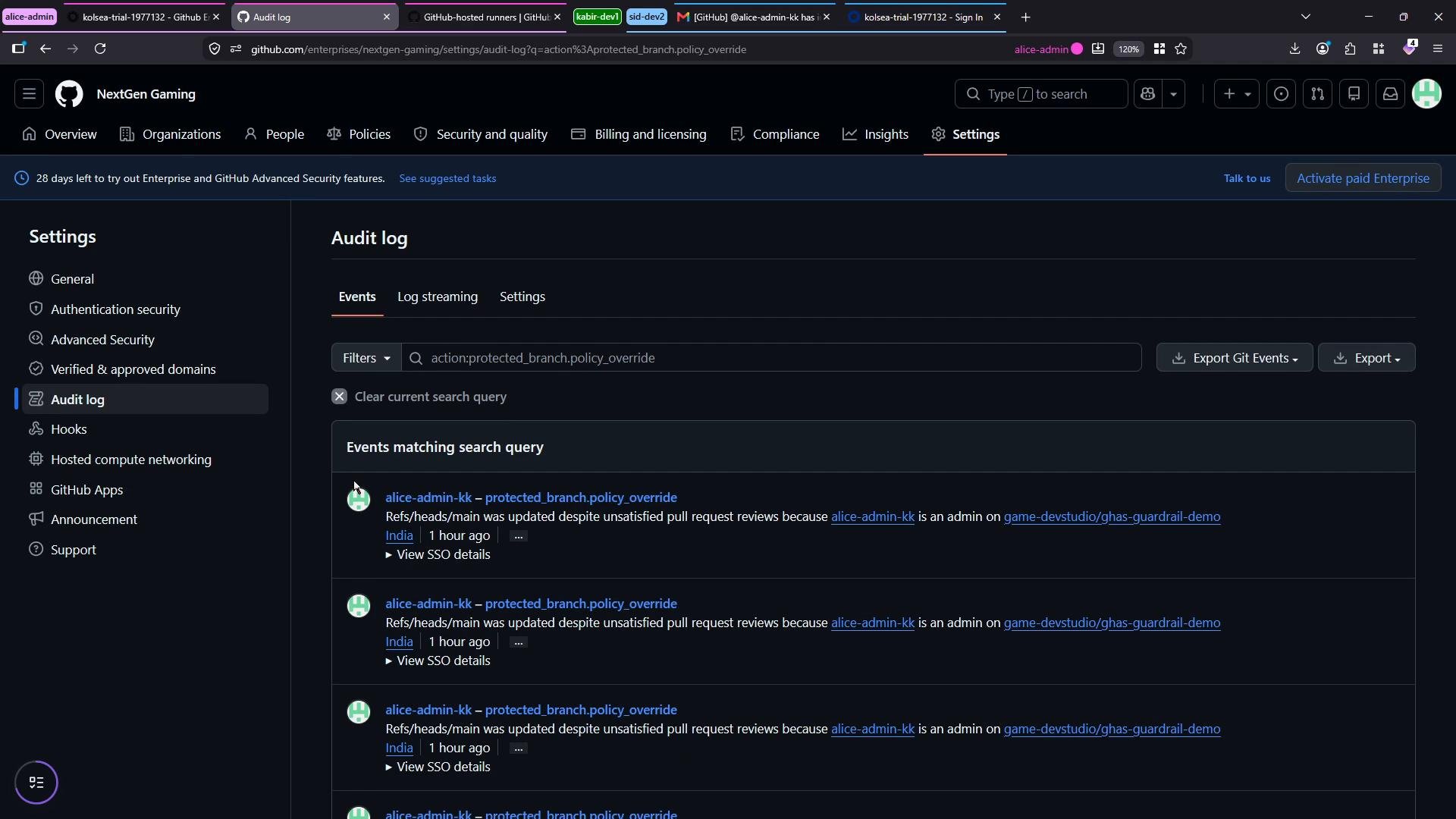 A dark-themed GitHub Enterprise "Audit log" settings page for the NextGen Gaming organization showing multiple protected_branch.policy_override events by the user "alice-admin-kk." The left sidebar displays settings items and the main panel lists the matched audit events with timestamps.