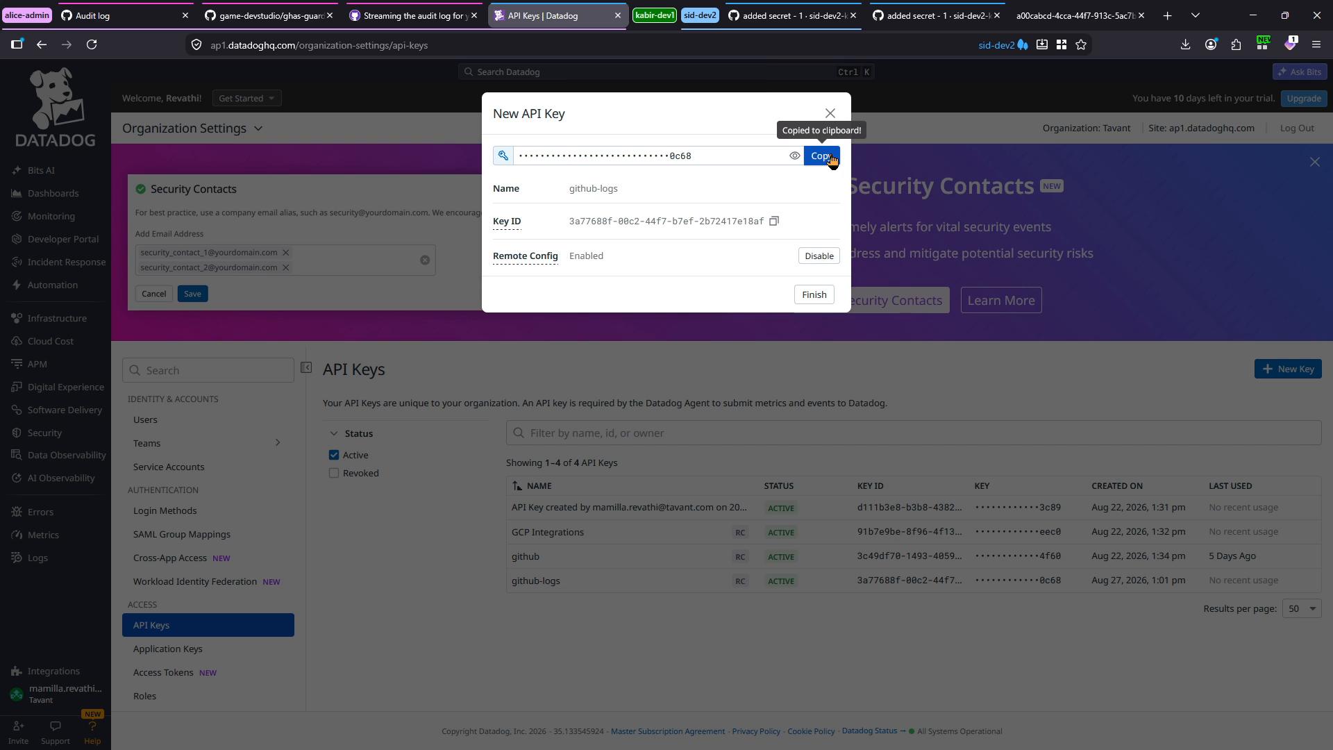 A Datadog web dashboard showing the Organization Settings → API Keys page with a "New API Key" modal open for "github-logs," the key partially visible and a tooltip saying "Copied to clipboard." The background shows the API keys list and the left-hand navigation menu.