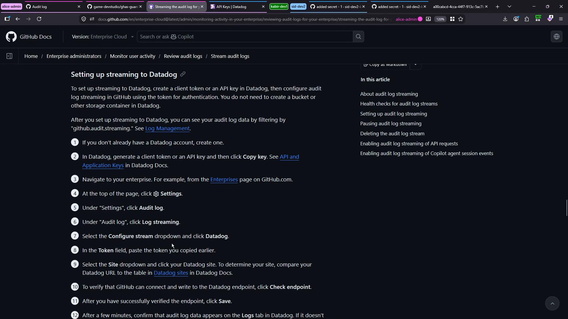 A screenshot of a GitHub Docs page titled "Setting up streaming to Datadog" showing numbered step-by-step instructions for configuring Datadog log streaming. The right side shows a table of contents with related audit log streaming topics.