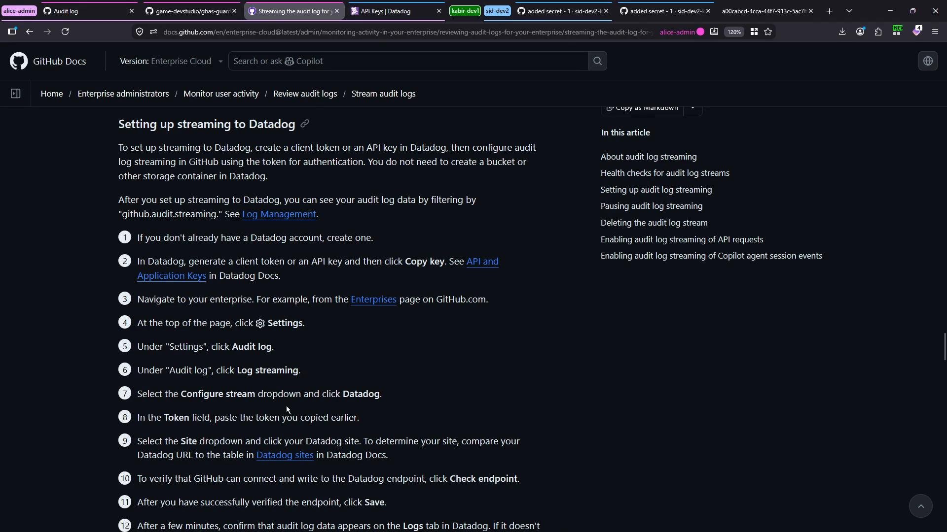 A screenshot of a GitHub Docs page titled "Setting up streaming to Datadog" showing numbered step-by-step instructions for configuring Datadog log streaming. The right side shows a table of contents with related audit log streaming topics.