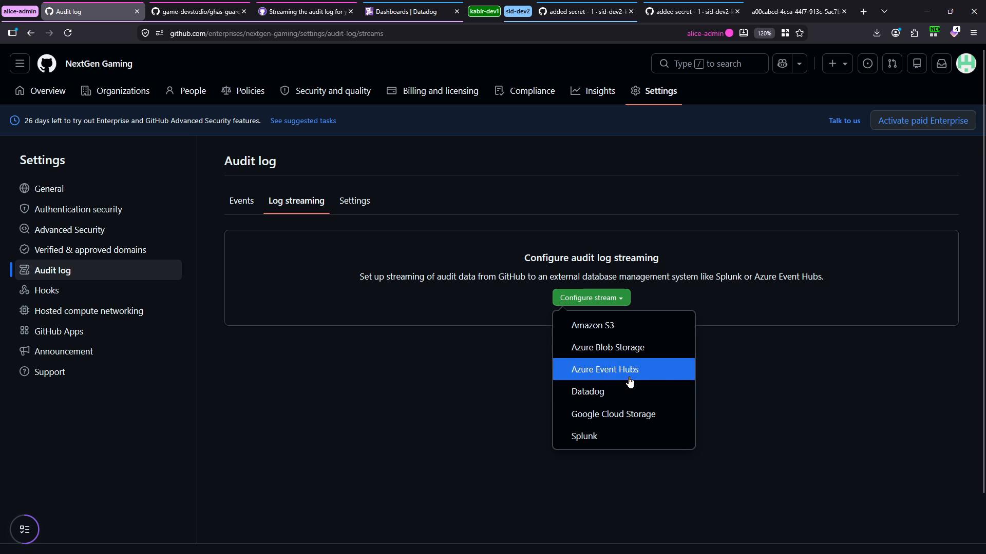 A dark-themed GitHub Enterprise settings page open to Audit log → Log streaming with a "Configure stream" dropdown expanded and "Azure Event Hubs" highlighted. The left sidebar shows other settings like General, Authentication security, and Hooks.