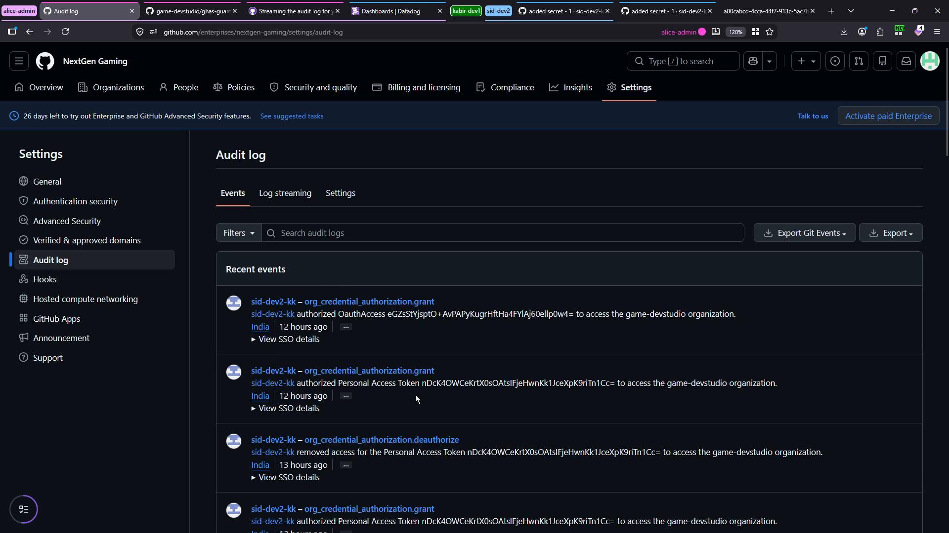 A dark-themed GitHub Enterprise settings page for the "NextGen Gaming" organization showing the Audit log view with recent events, filters, and export buttons. The event list shows authorization and token-related entries (e.g., actions by "sid-dev2-kk").