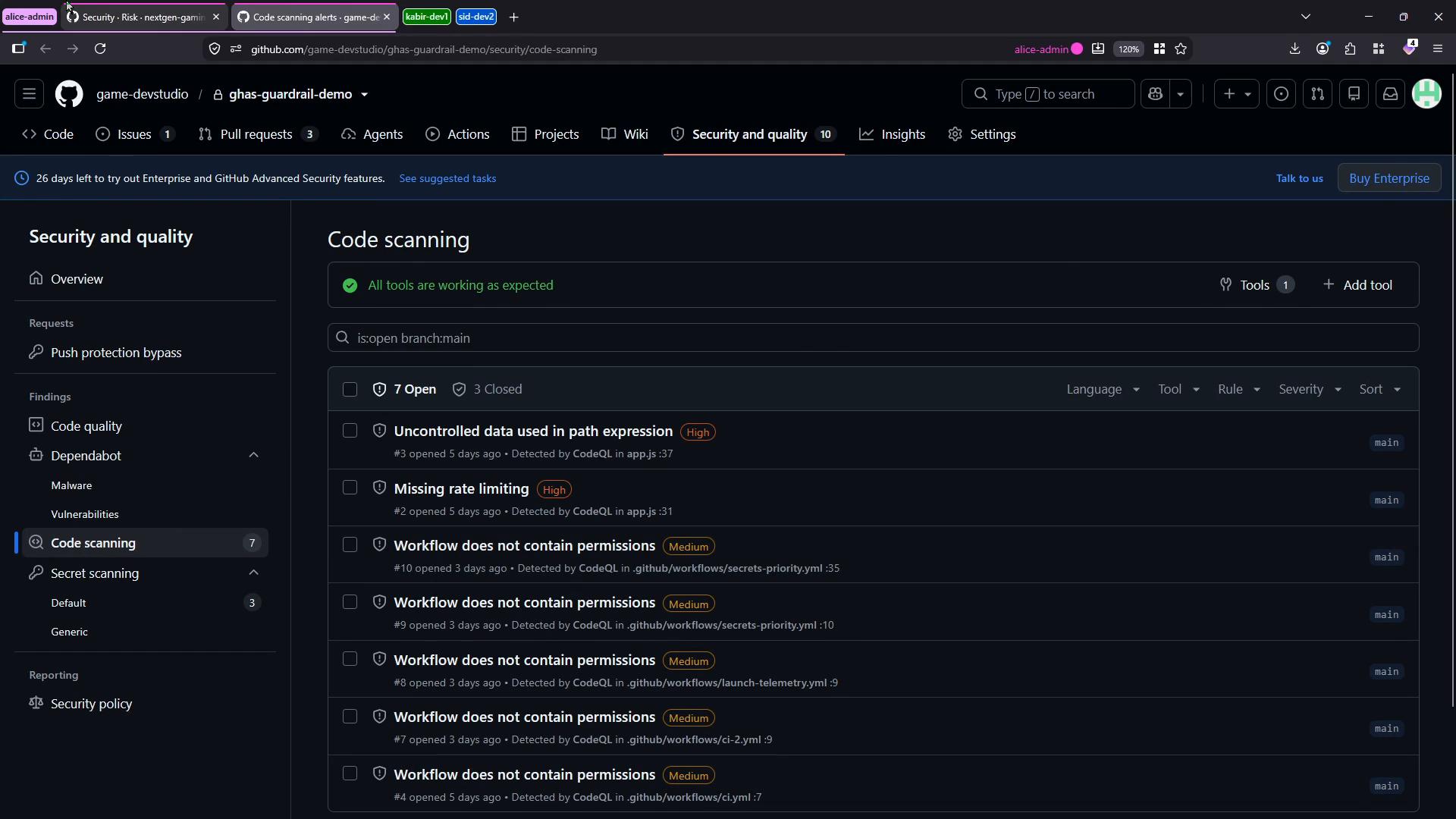 A dark-themed GitHub "Security and quality" -> "Code scanning" screen for a repository, showing a list of code scanning alerts. The findings include issues like "Uncontrolled data used in path expression," "Missing rate limiting," and several "Workflow does not contain permissions" items with severity tags.